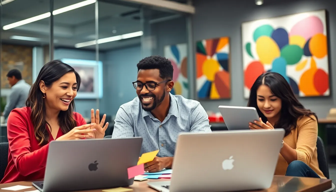 diverse team collaborating in a modern workspace.