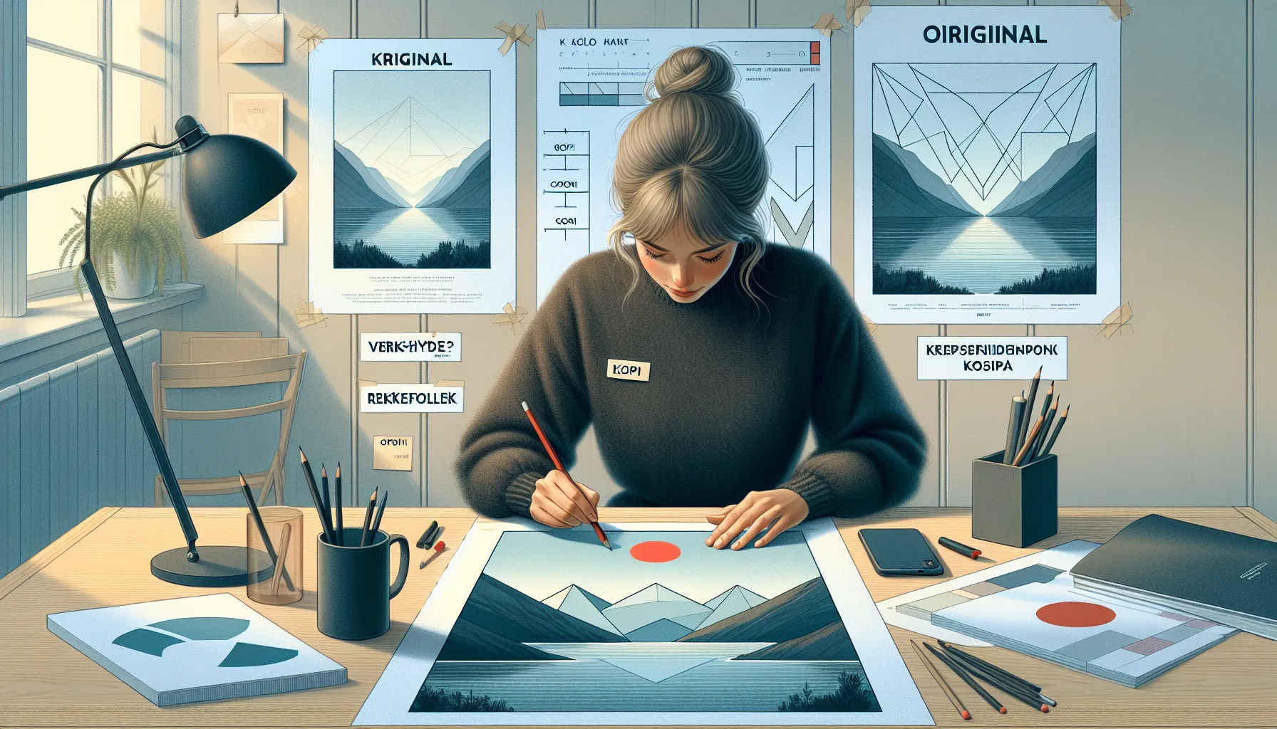 Kreativitet og kopiering: hvor går grensen for originalitet? 3 Norwegian designer compares original and copy using tracing paper, law book, licenses.