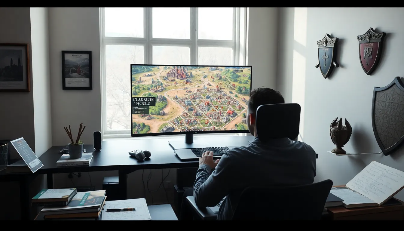A player focused on a medieval game on a high-tech gaming setup.