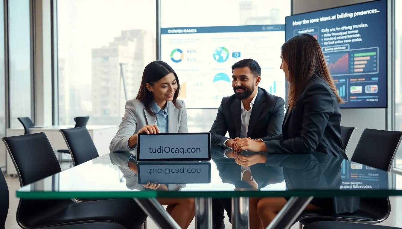 professionals discussing domain names in a modern office setting.