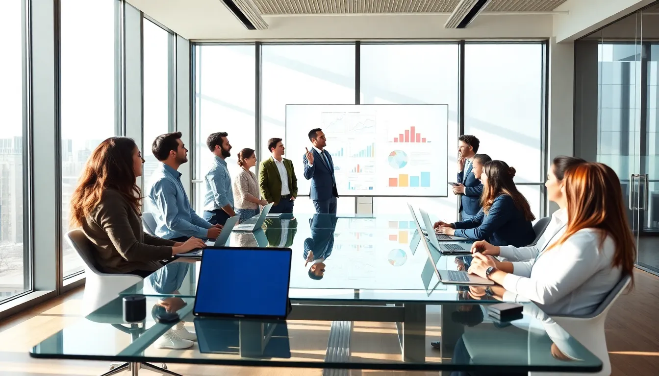 diverse team collaborating in a modern office on product management.