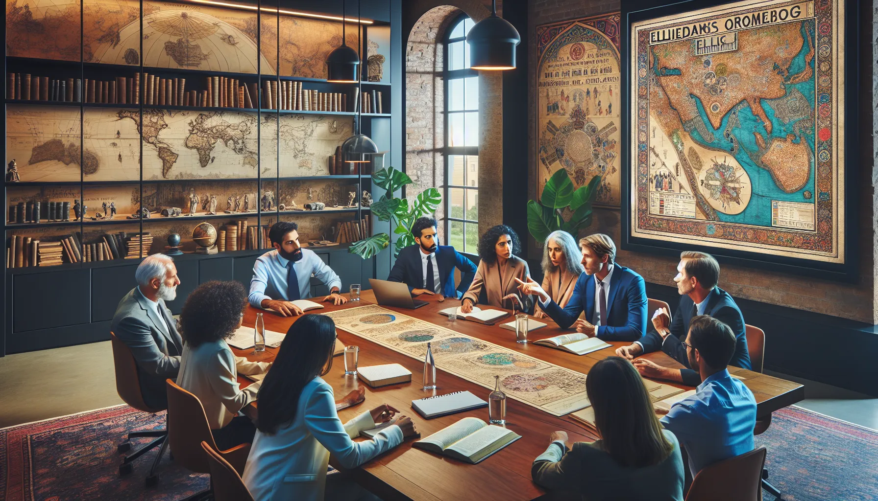 diverse group discussing the origins of Elliedarge in a modern office.