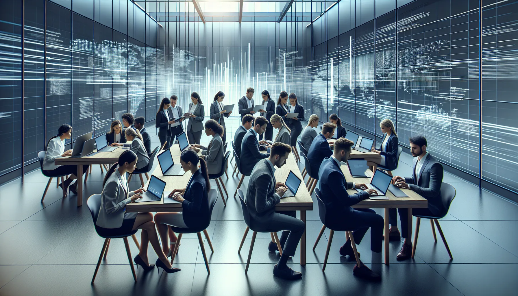 diverse professionals collaborating over laptops in a modern office.