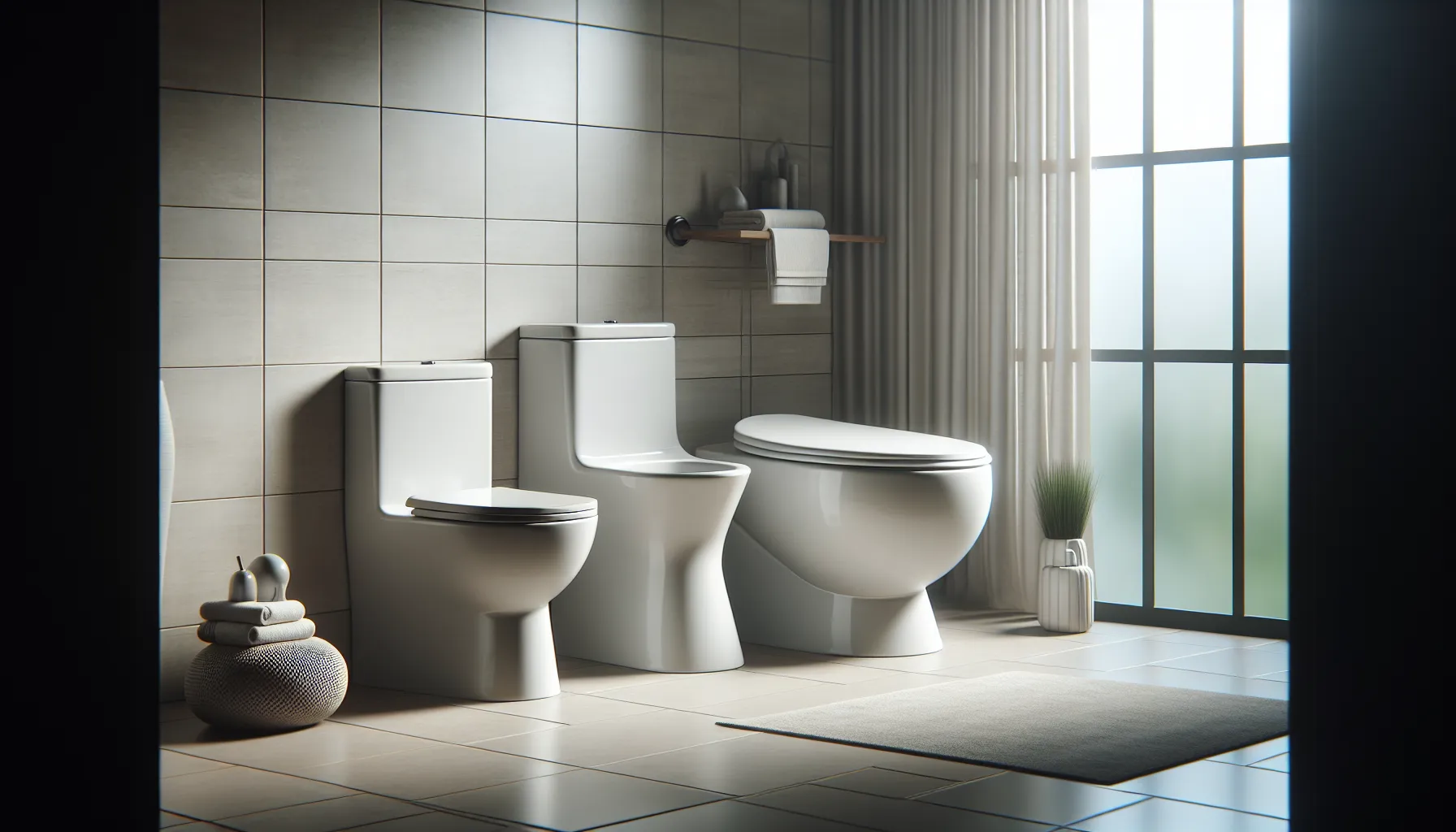 Comparison of round and elongated toilet bowls in a modern bathroom.