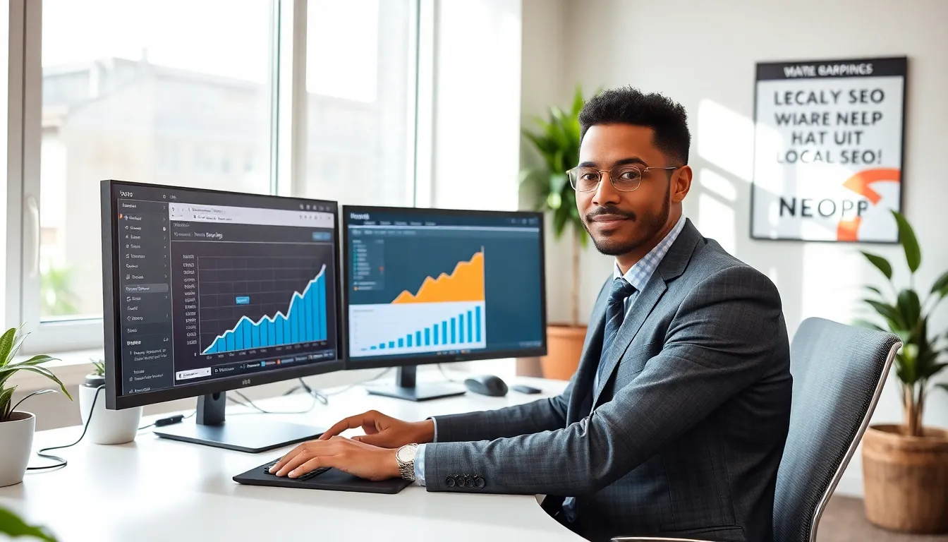 SEO freelancer collaborating in a modern office setting.