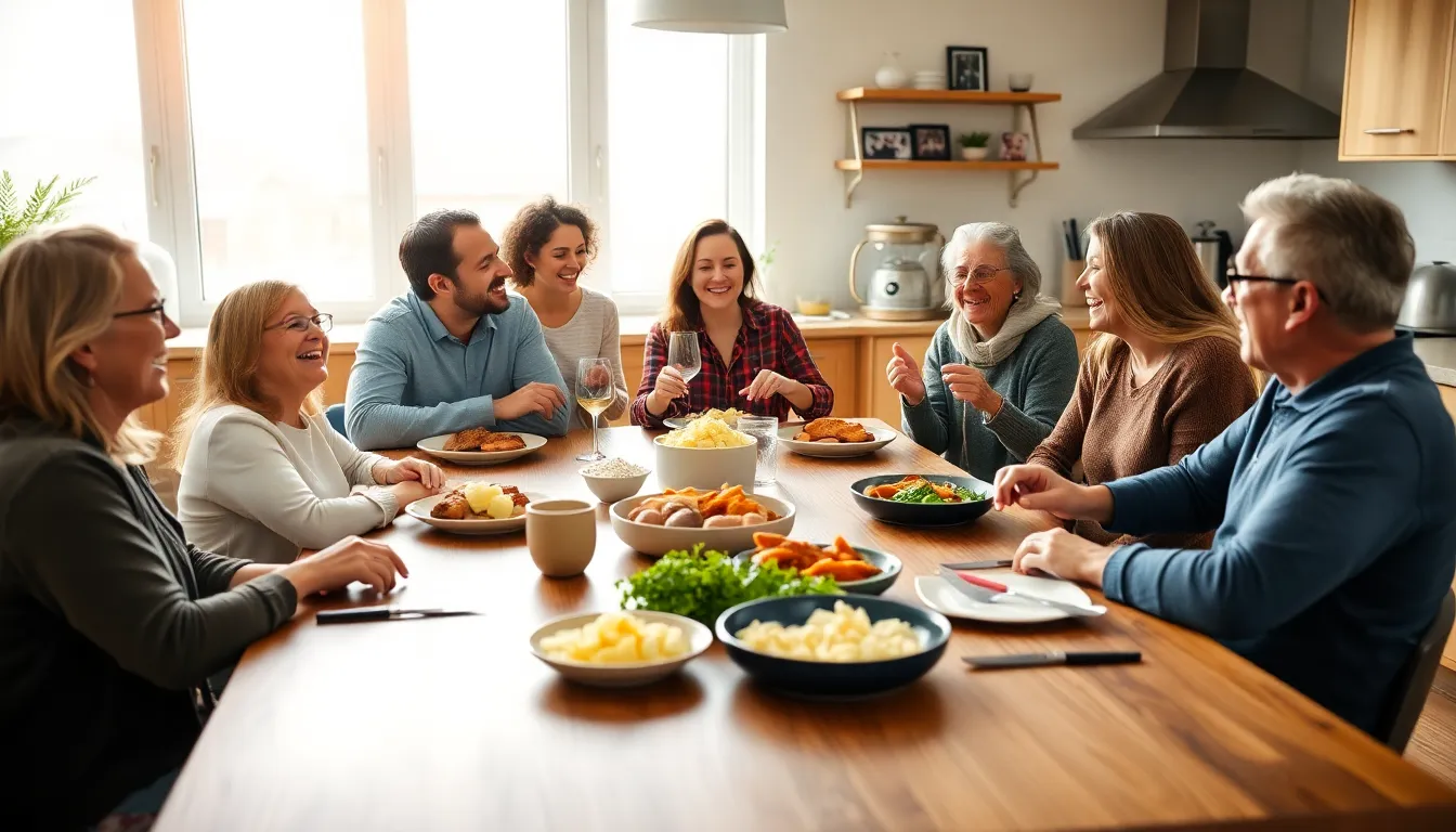 German-American family sharing a meal in a cozy kitchen.