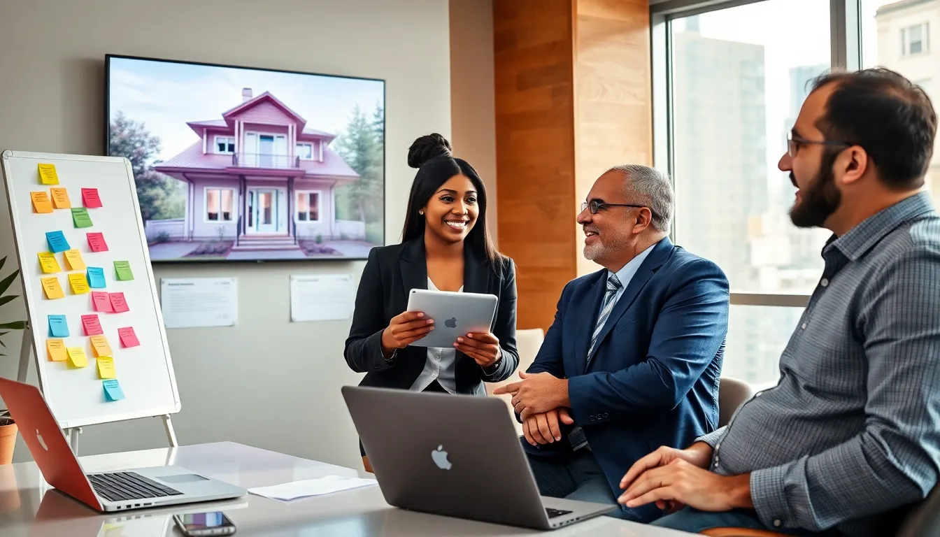 real estate agents collaborating in a modern office with technology and client engagement.