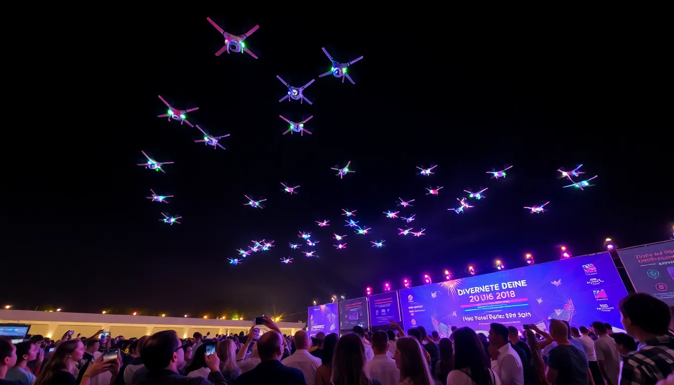 a synchronized drone light show over an engaged crowd at night.
