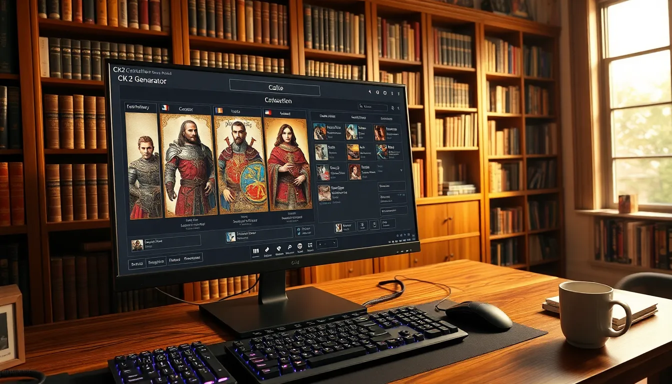 A desktop showing the CK2Generator app for customizing Crusader Kings II characters.