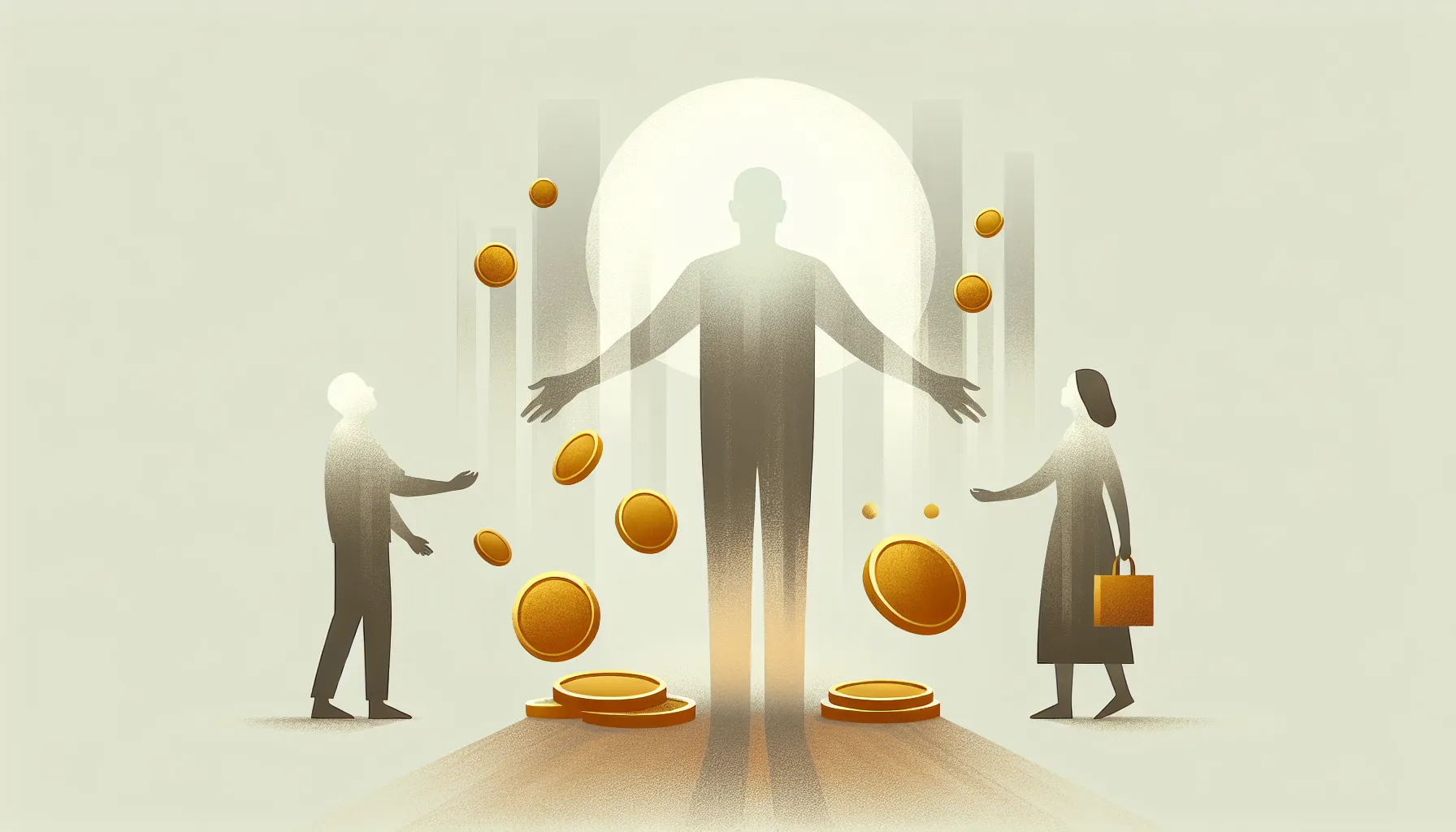 Elderly father figure reaching toward two distant daughters with golden coins floating between them.