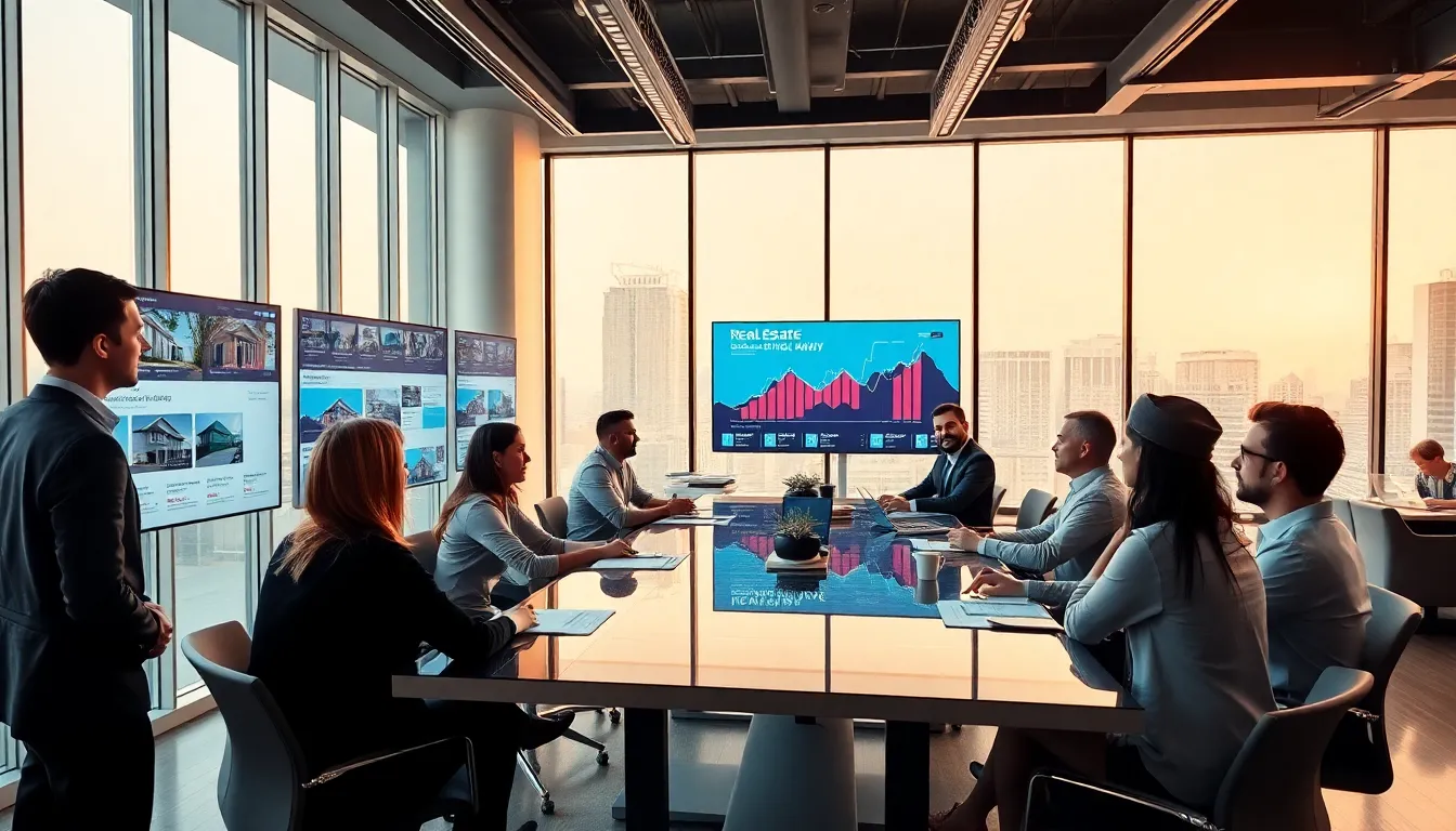 diverse team collaborating in a modern real estate office.