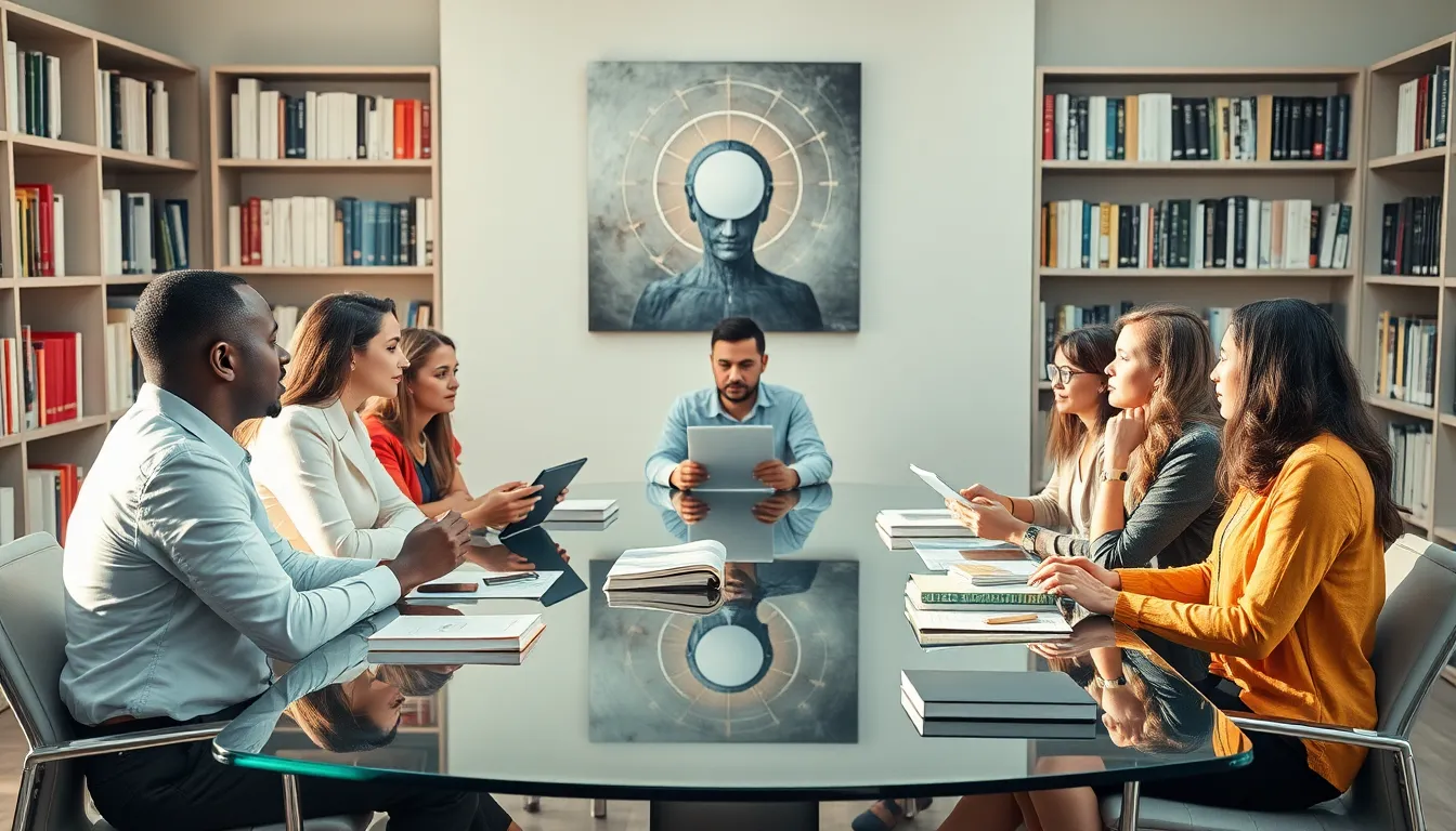 diverse professionals discussing philosophical concepts in a modern office.
