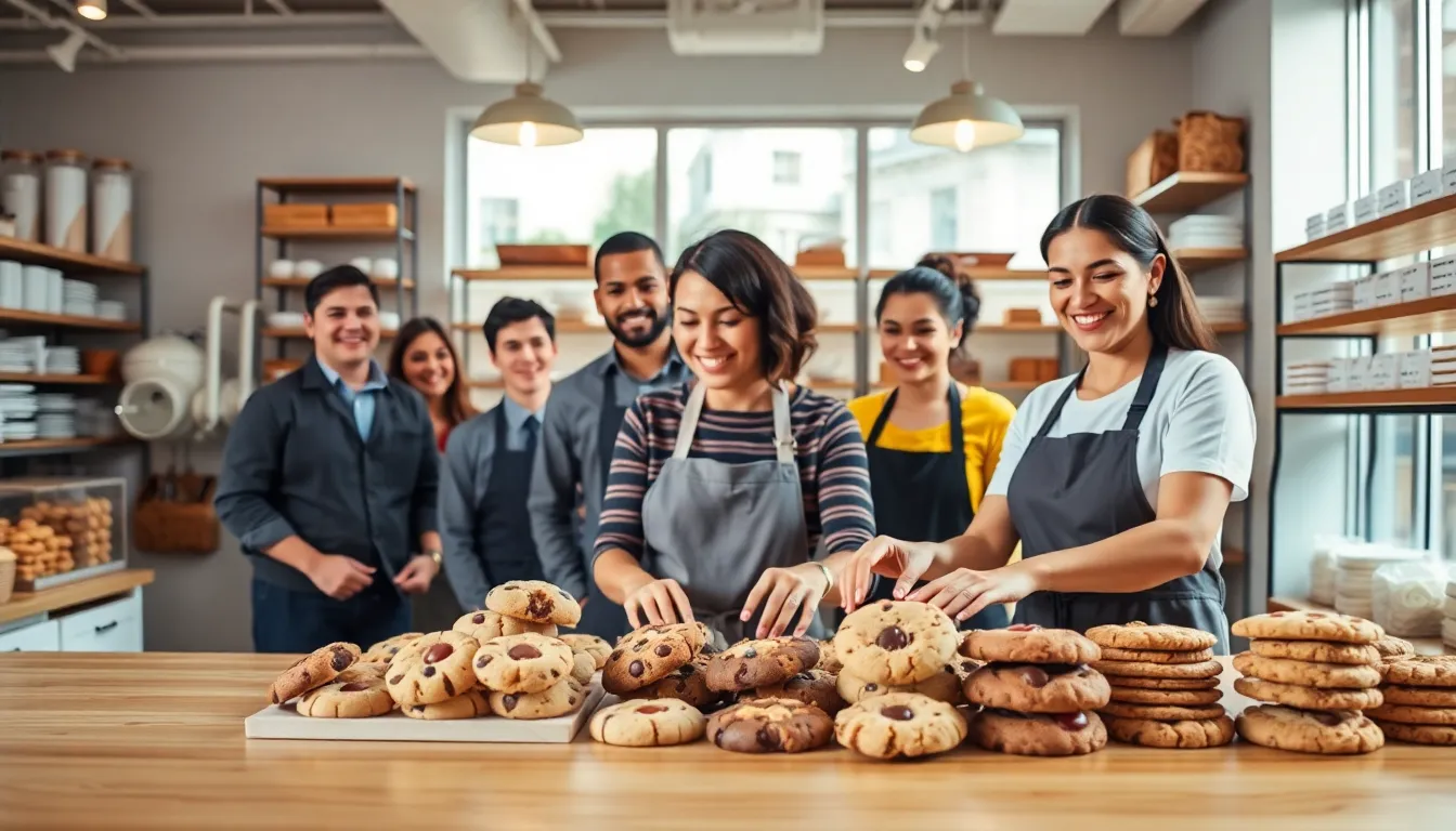 Mary and team showcase fresh cookies in a modern bakery.