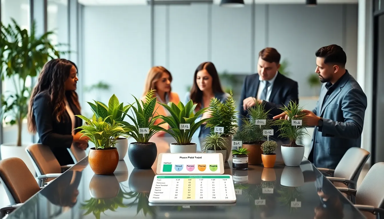 professionals discussing house plant nutrients in a modern office.