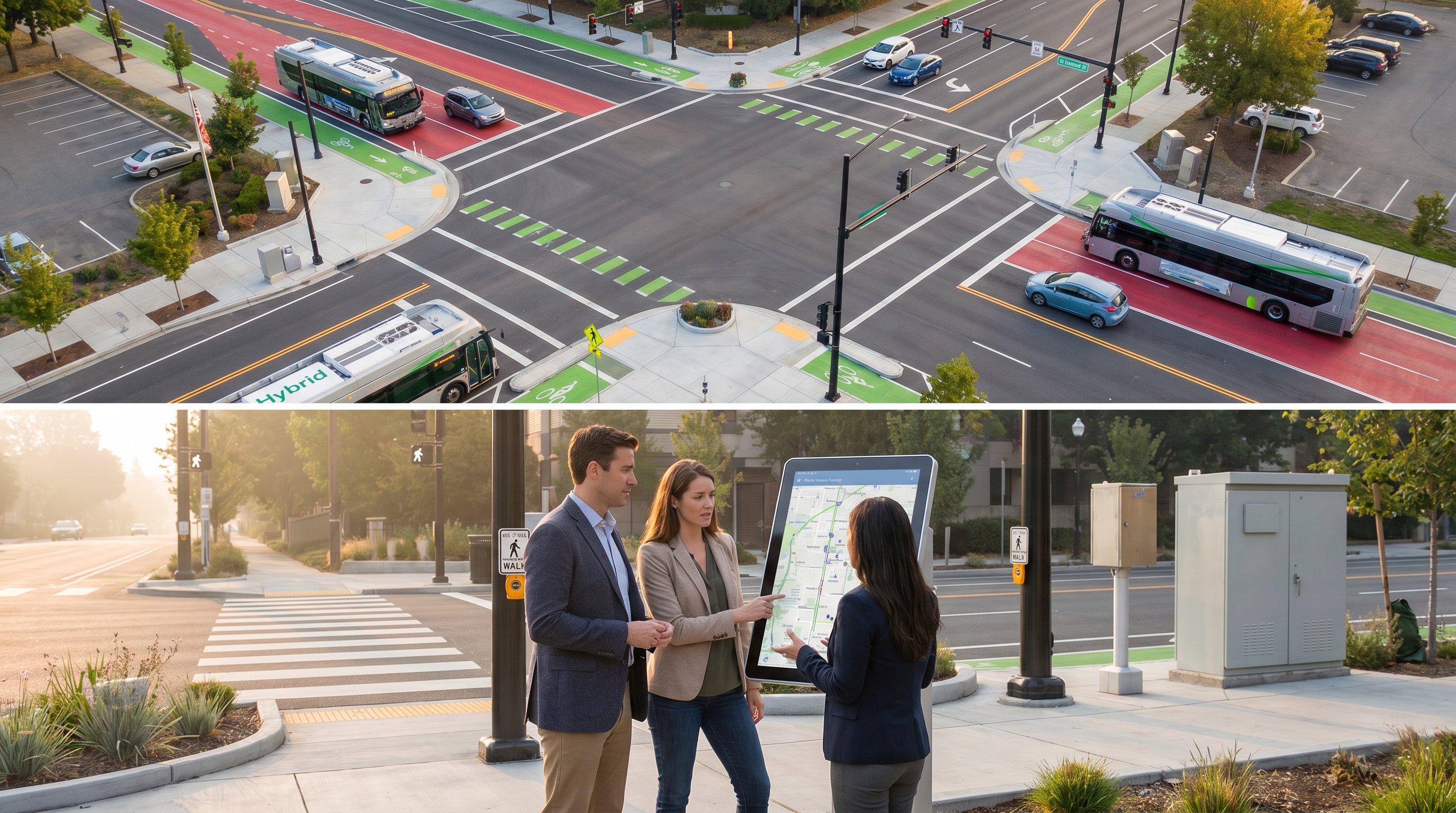 Professional transport planners reviewing a tablet near a modern city intersection with buses, bikes, pedestrians, and organized traffic in soft morning light.