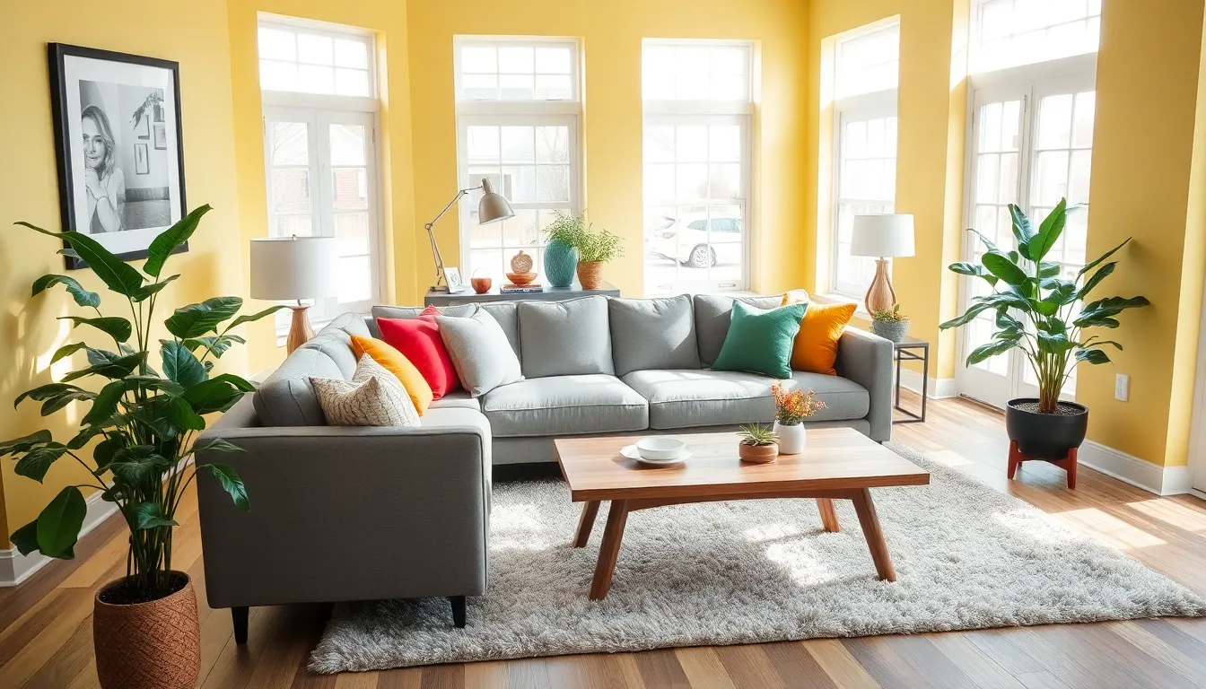 a modern living room with soft yellow walls and stylish furniture.