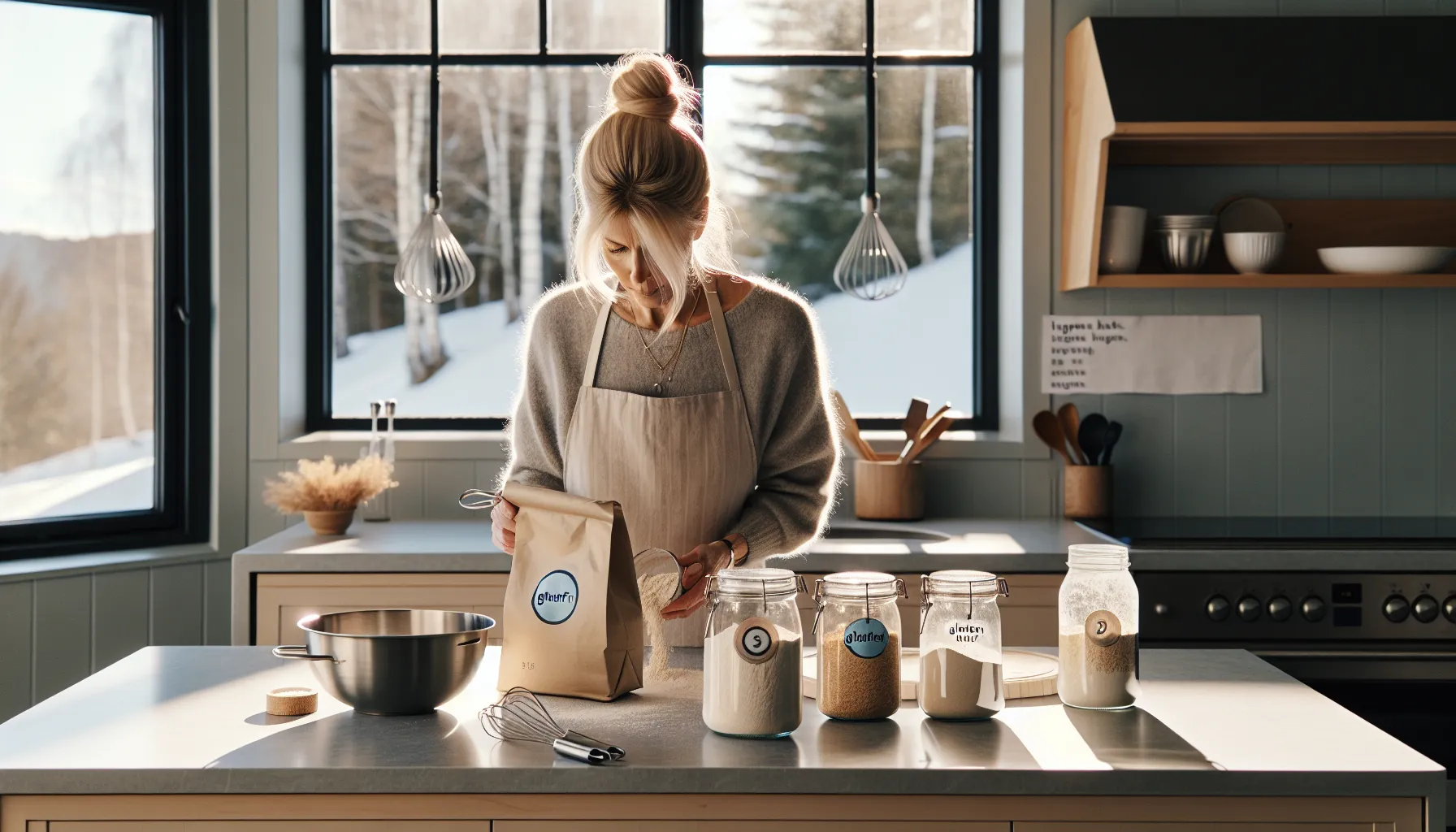 Norwegian home baker prepares gluten-free cake ingredients on a clean, organized kitchen counter.
