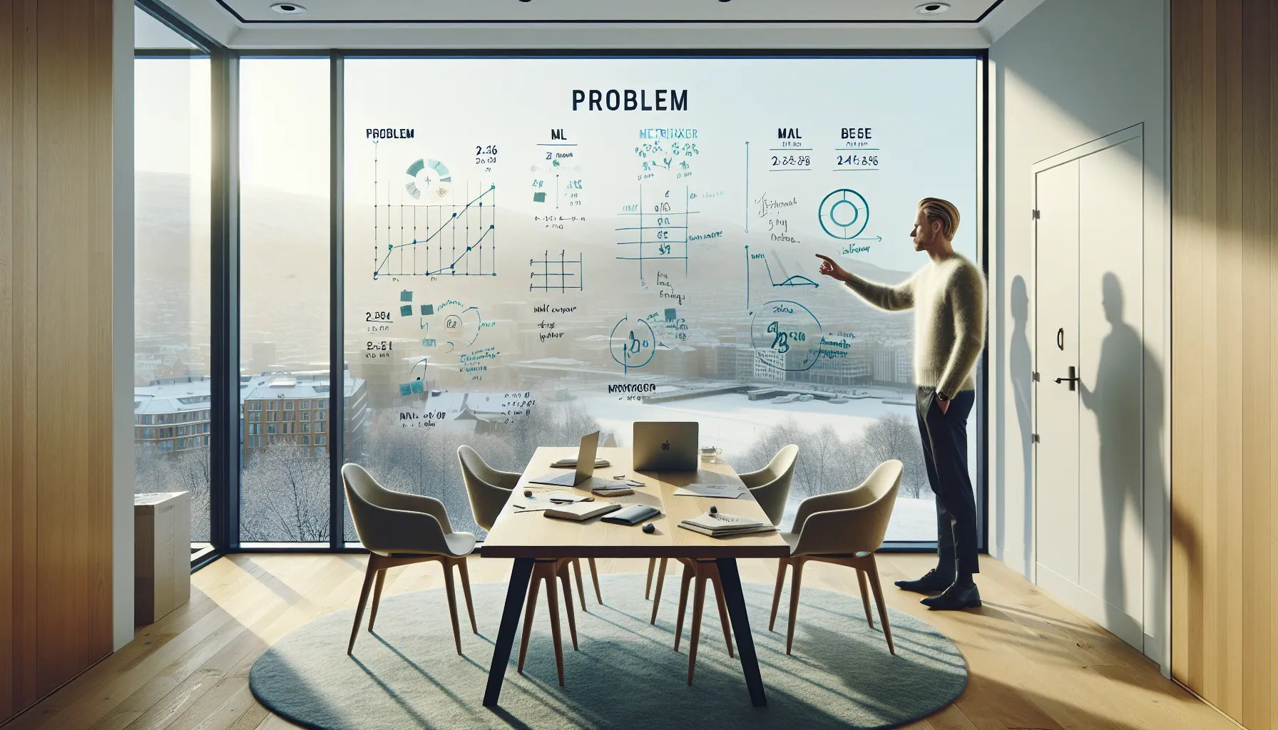Data lead points to norwegian metrics board with dashboards in bright office.