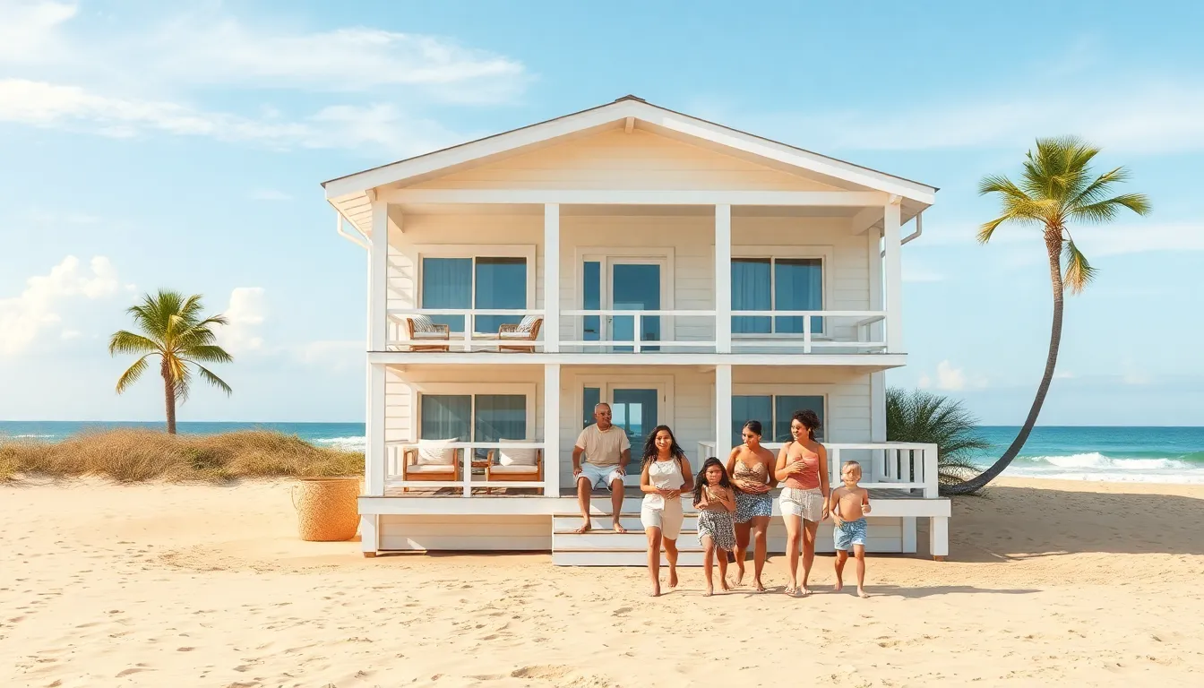 seaside cottage with family enjoying beach activities.