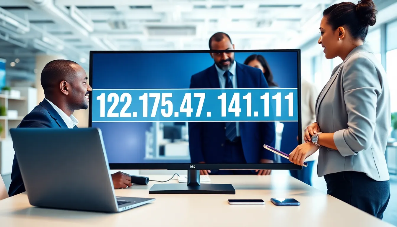 professional workspace discussing an IP address with devices and graphics.