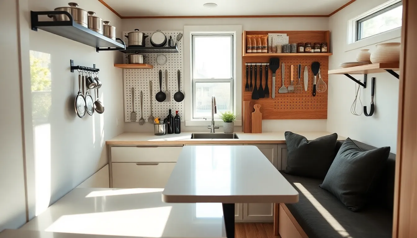 modern tiny kitchen with smart storage and multi-functional furniture.