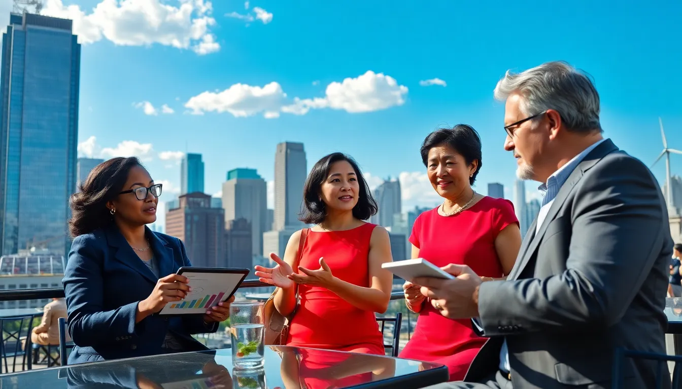 professionals discussing energy dynamics at a café with city skyline in background