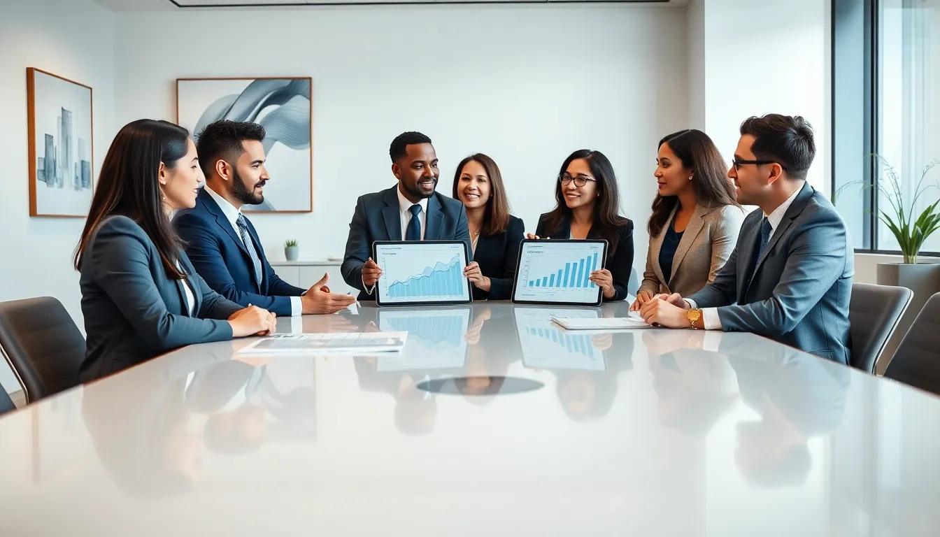 diverse financial advisors discussing debt solutions in a modern office.