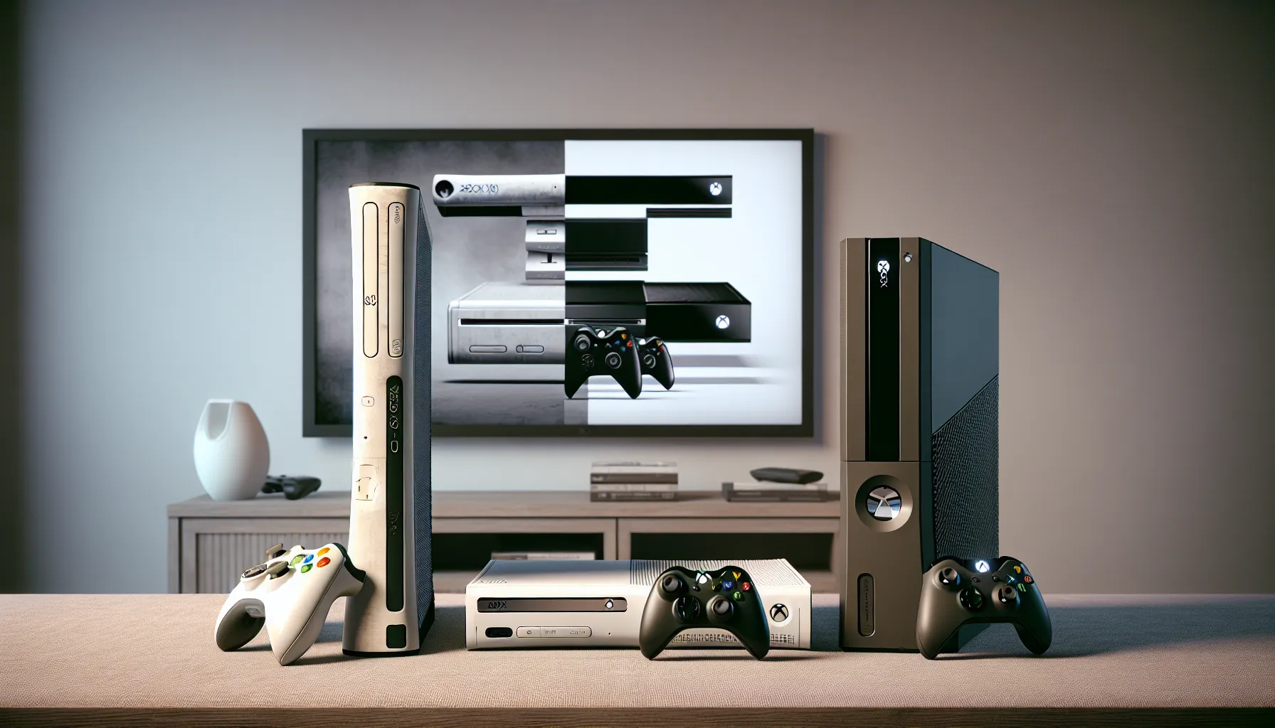 Comparative display of Xbox 360 and Xbox One consoles showcasing design differences.