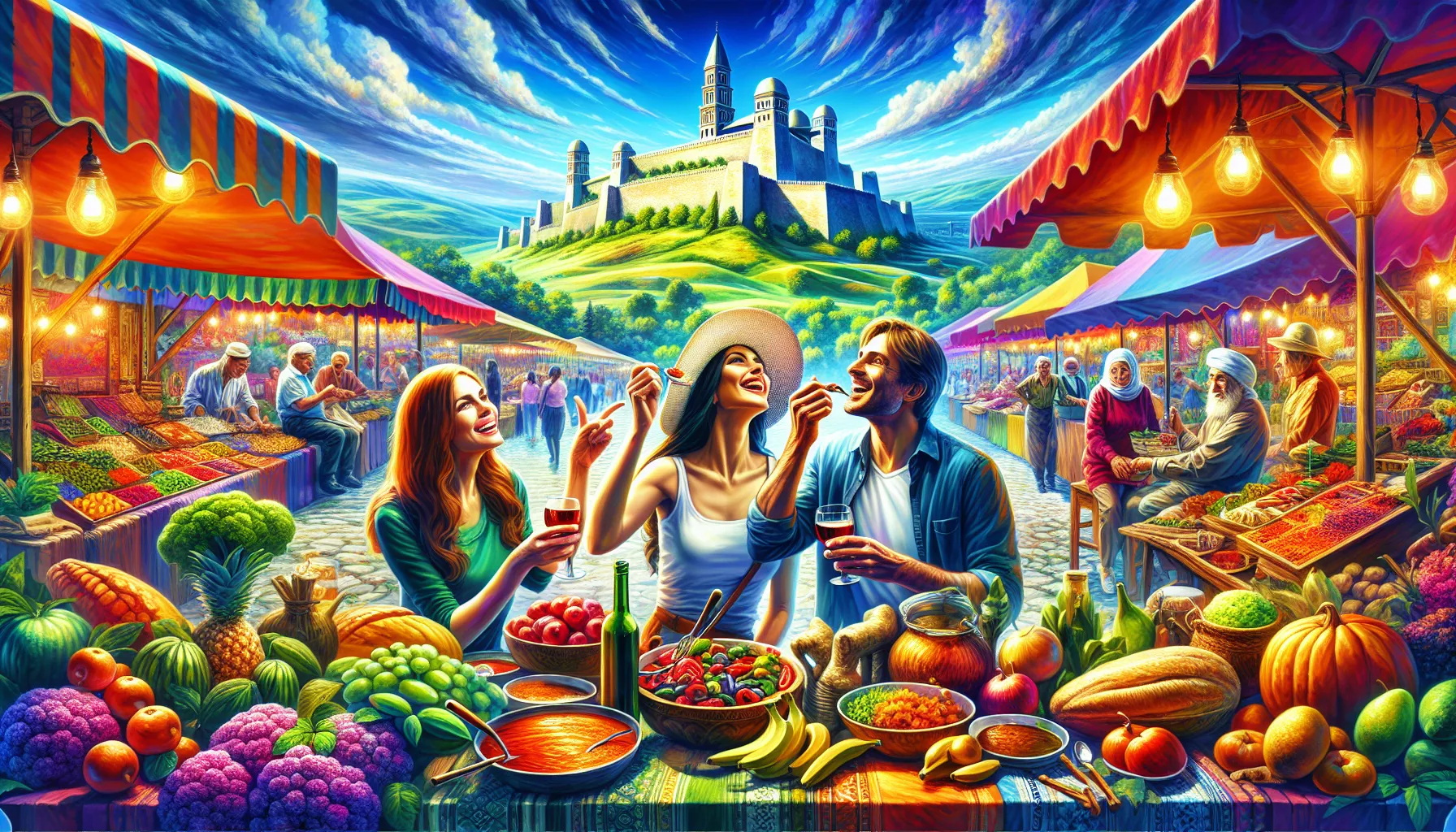 diverse travelers exploring a vibrant local market in Uzribitan.