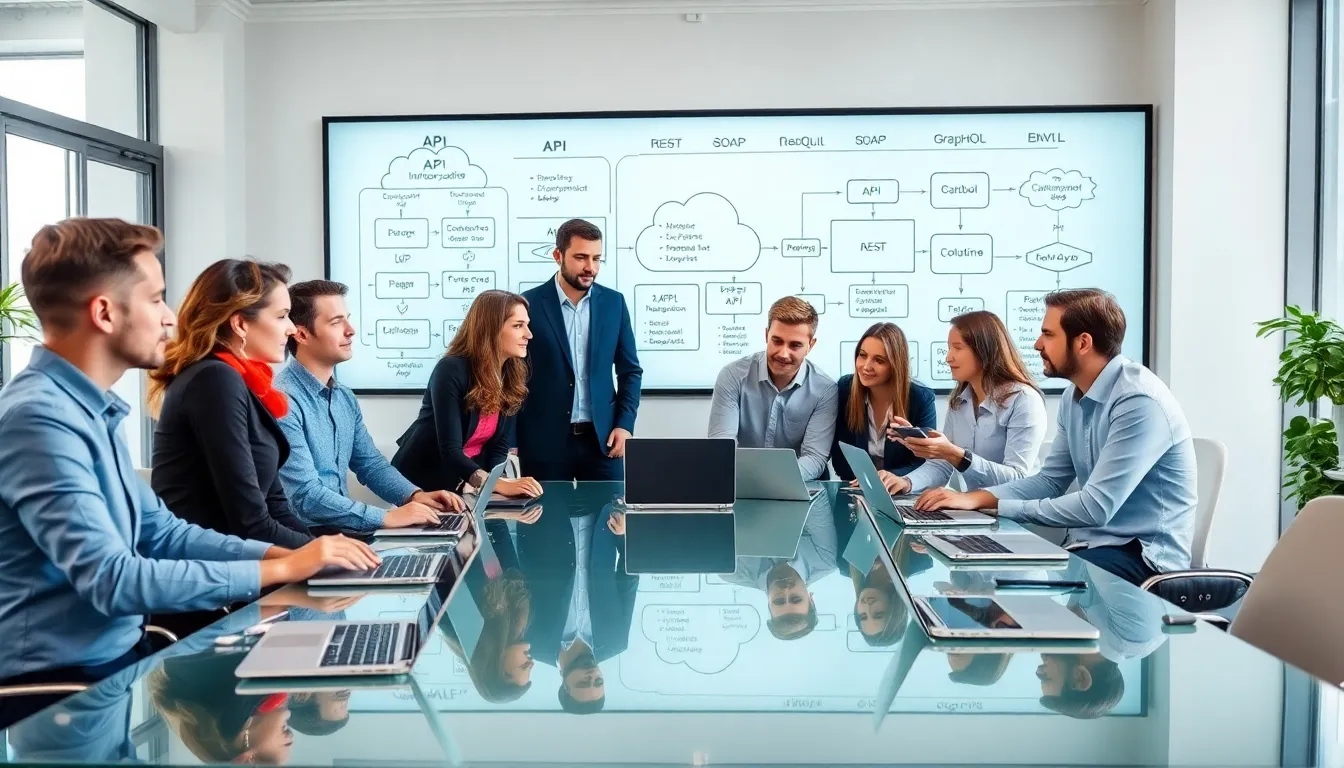 diverse team collaborating on API software integration in a modern office.