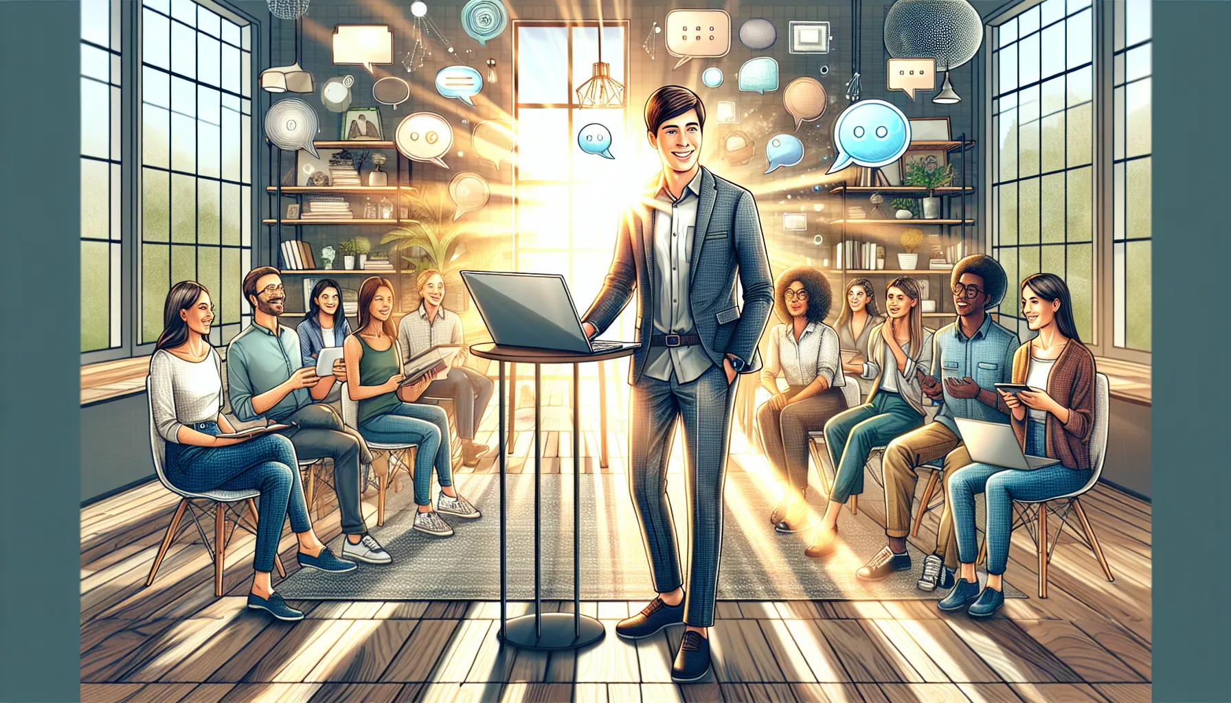 Diverse group engaging in a virtual meetup with an influencer.