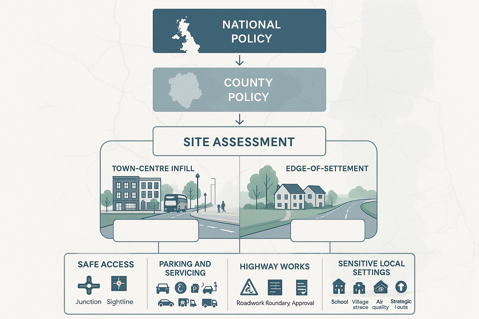 Infographic showing Durham transport planning policy, site context, and local highway checks.
