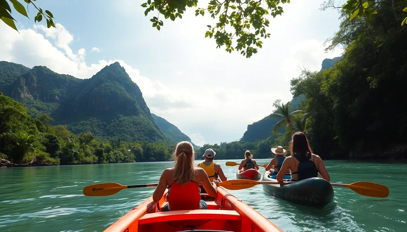diverse travelers kayaking in the lush landscapes of Belize.