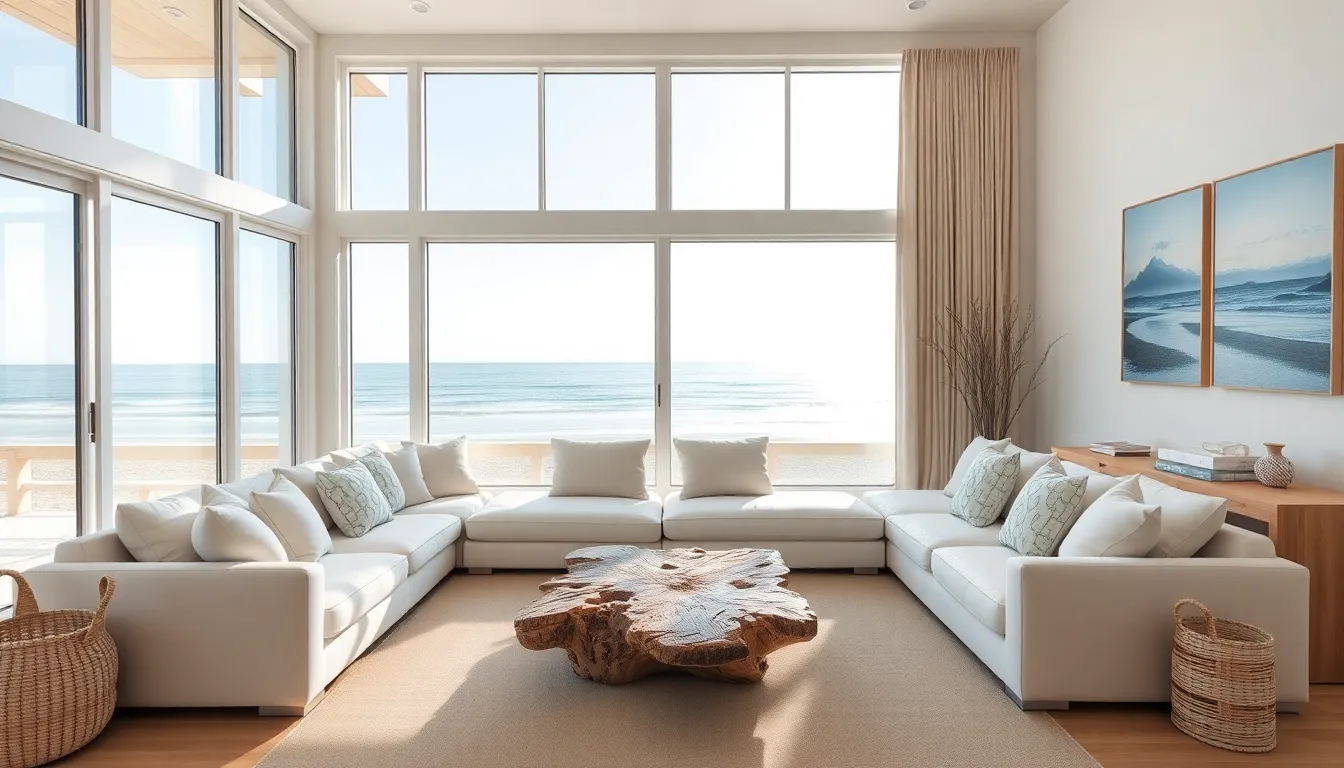 a coastal interior living room with soft tones and beach views.