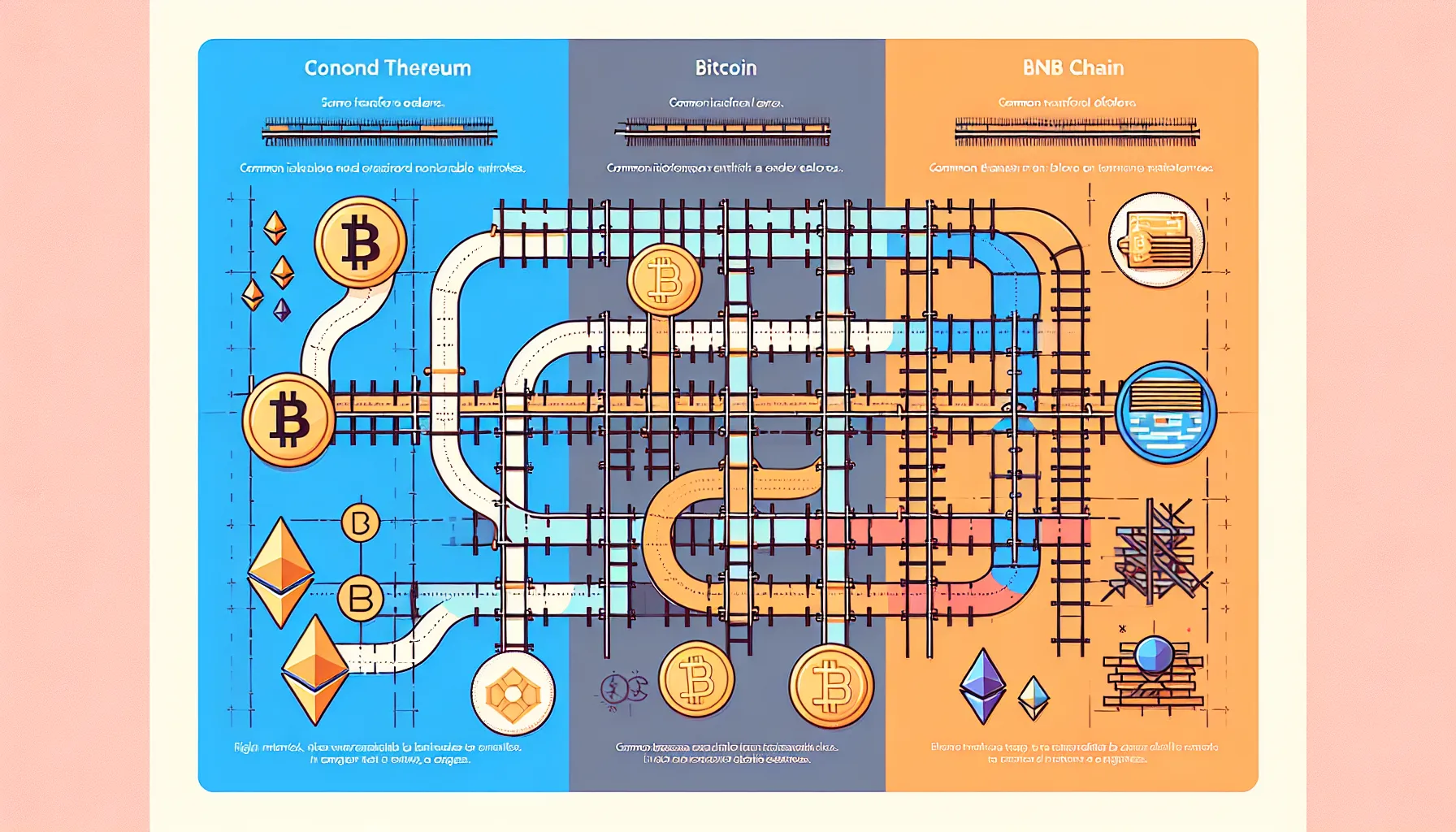 Infographic comparing blockchain networks as separate tracks and common crypto transfer mistakes.