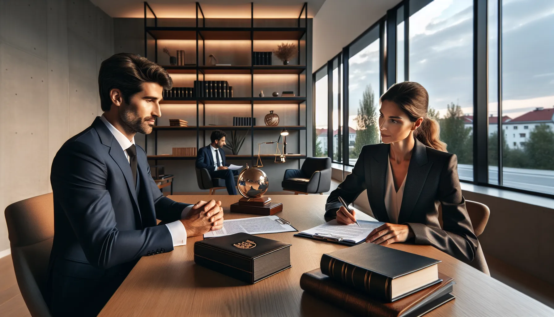 Two brothers consulting with a lawyer about inheritance renunciation in a modern Croatian law office