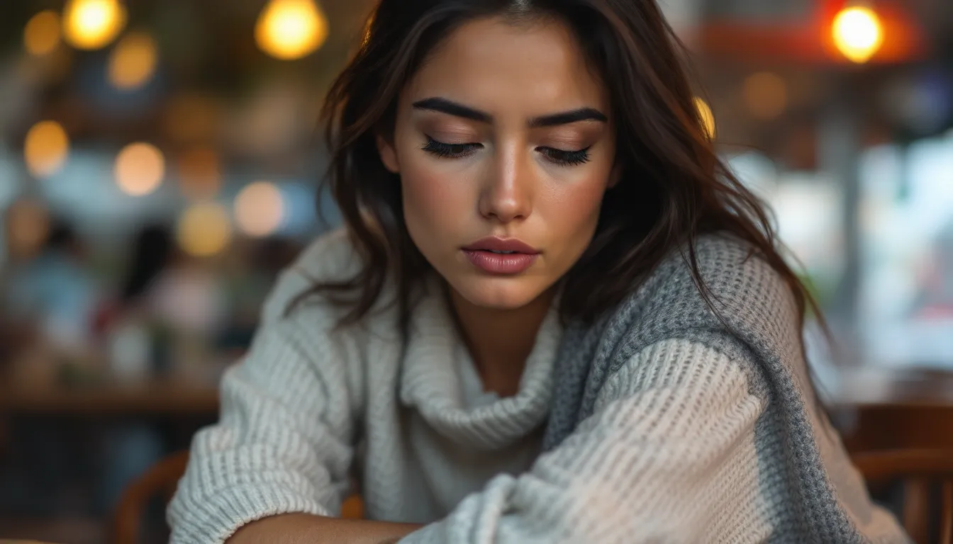 A pensive woman sits alone in thought at a crowded café table.
