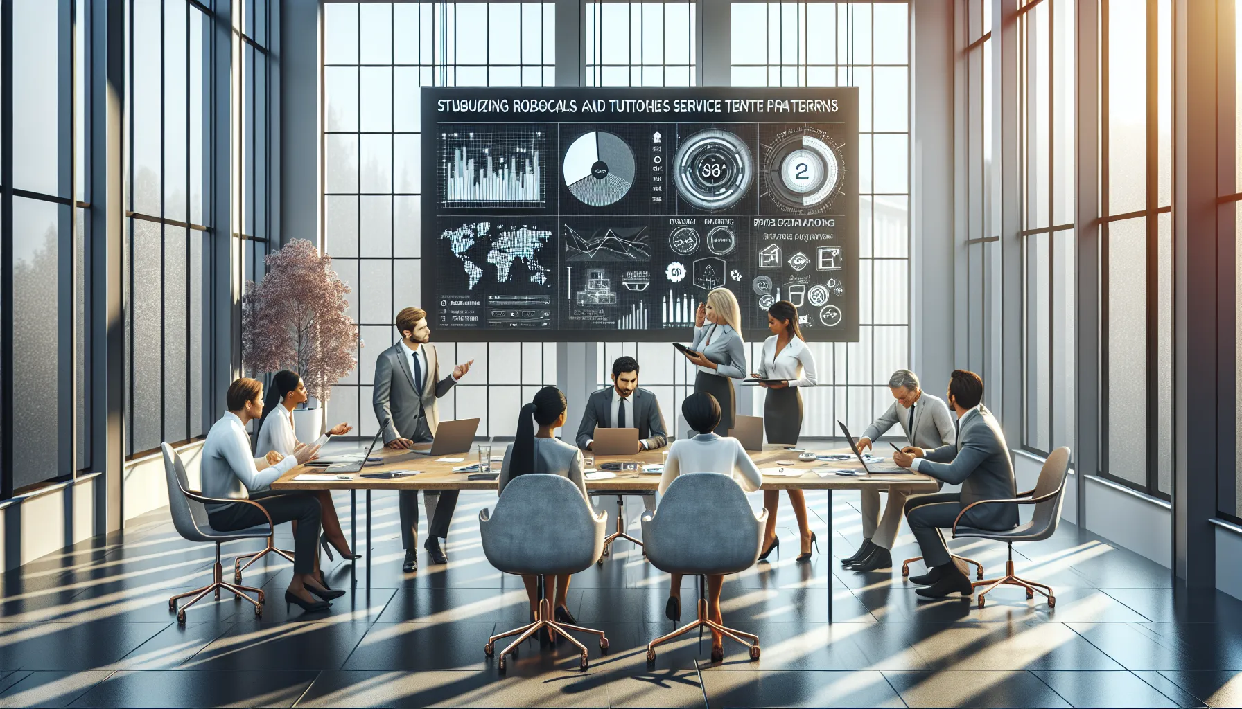 diverse professionals discussing telecommunications trends in a modern office.