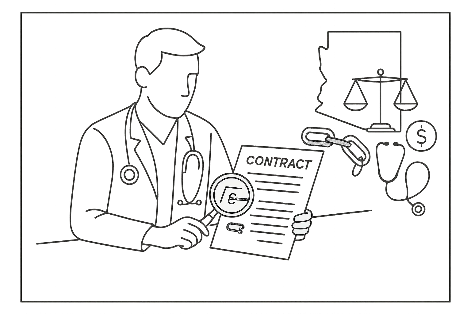 PA at desk reviewing a contract with magnifying glass and Arizona legal symbols of Arizona Physician Assistant Contract Review.