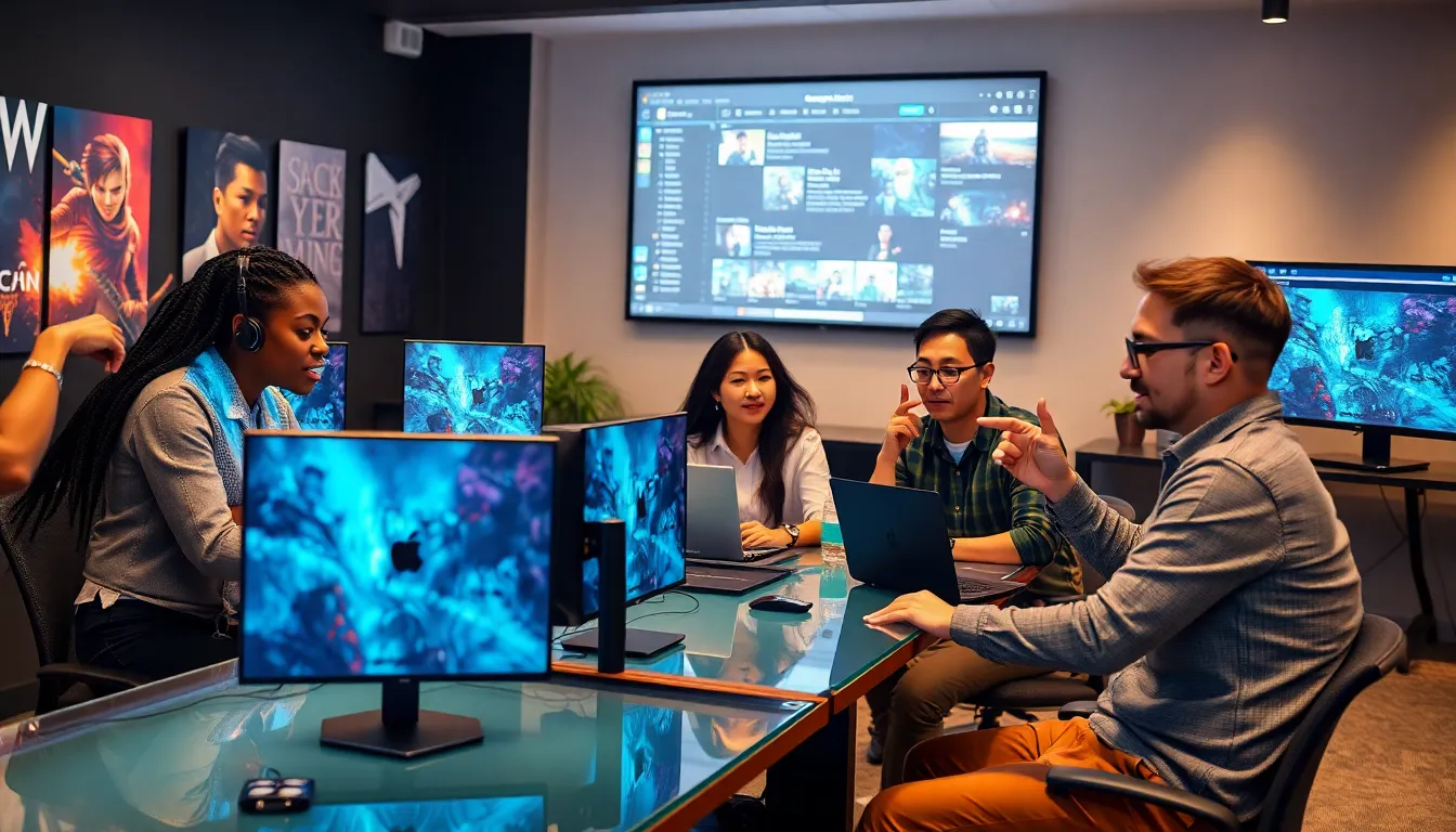 diverse group of gamers discussing in a modern office setting.
