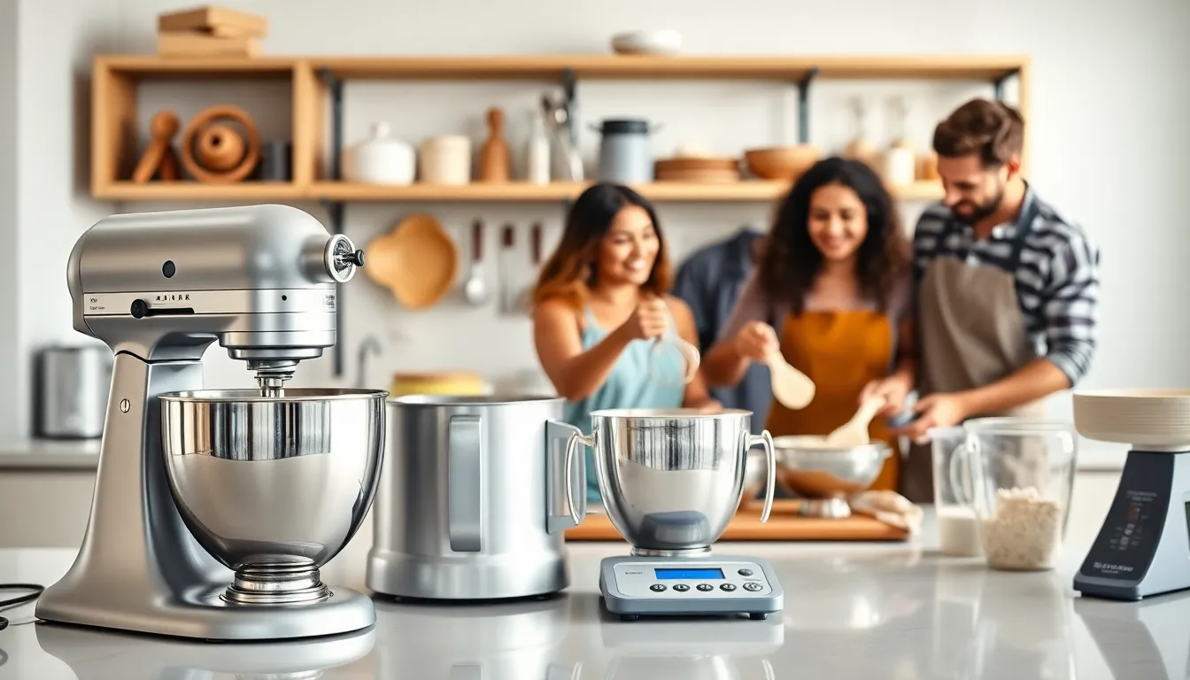 modern kitchen with mixers and measuring tools for baking cookies.