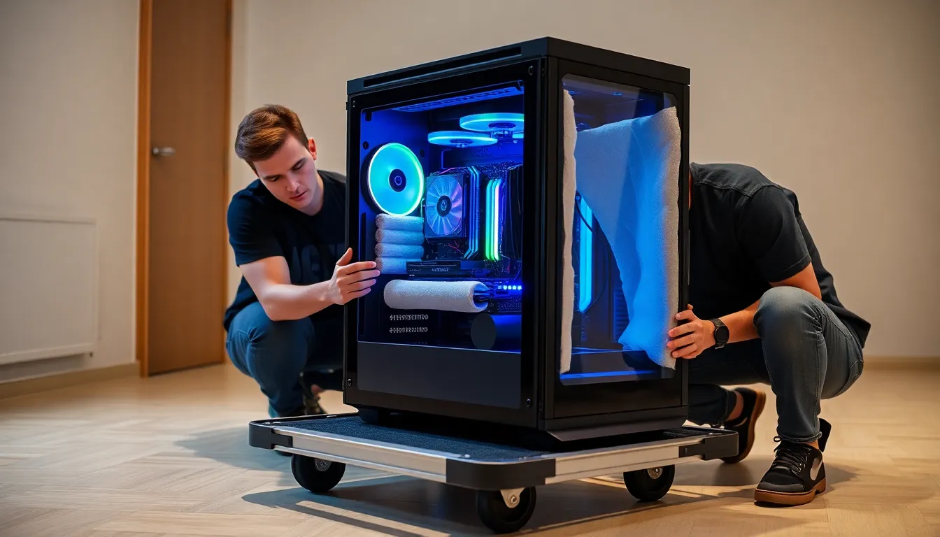 gamer preparing a high-end PC for safe transportation with protective padding.