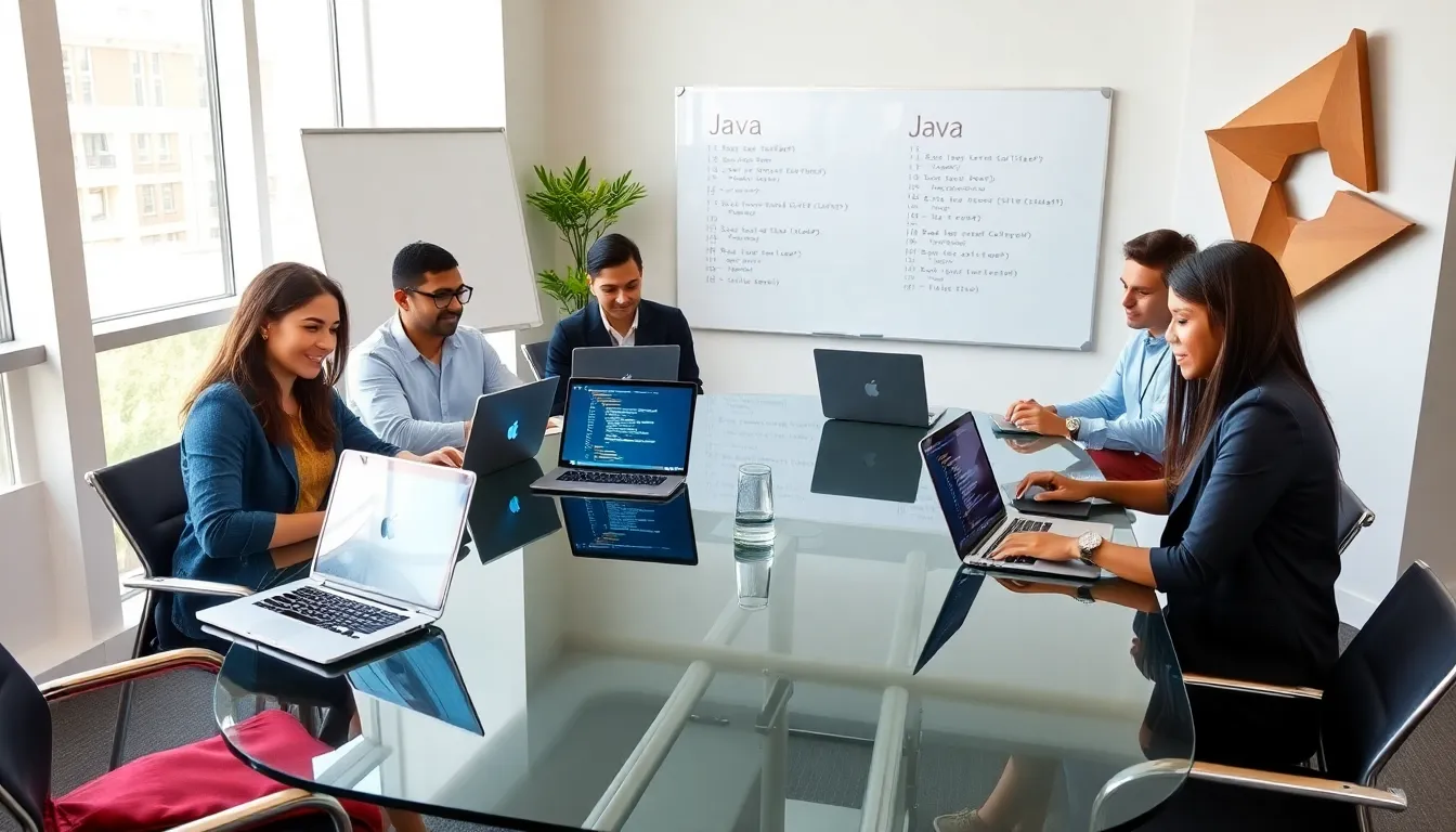 diverse developers collaborating on Java code in a modern office.