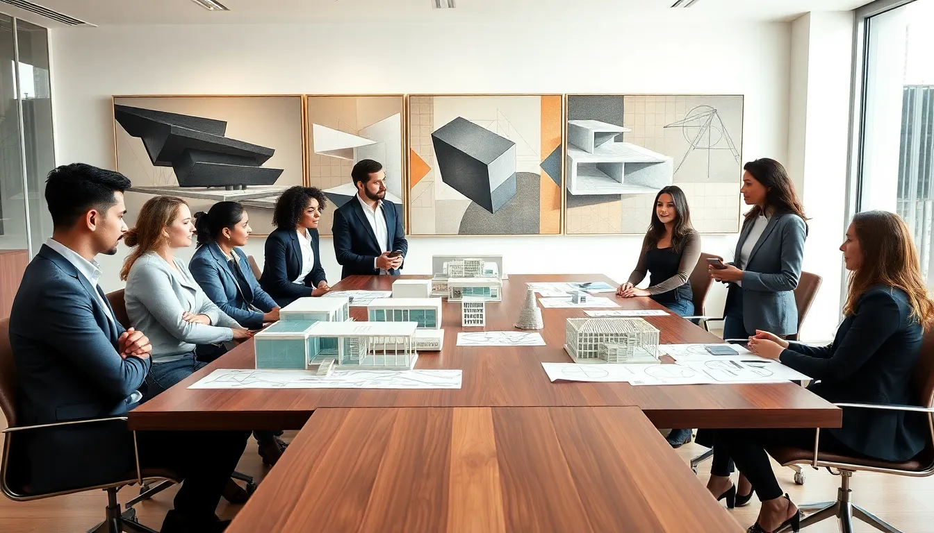 diverse team discussing architectural design concepts in a modern office.