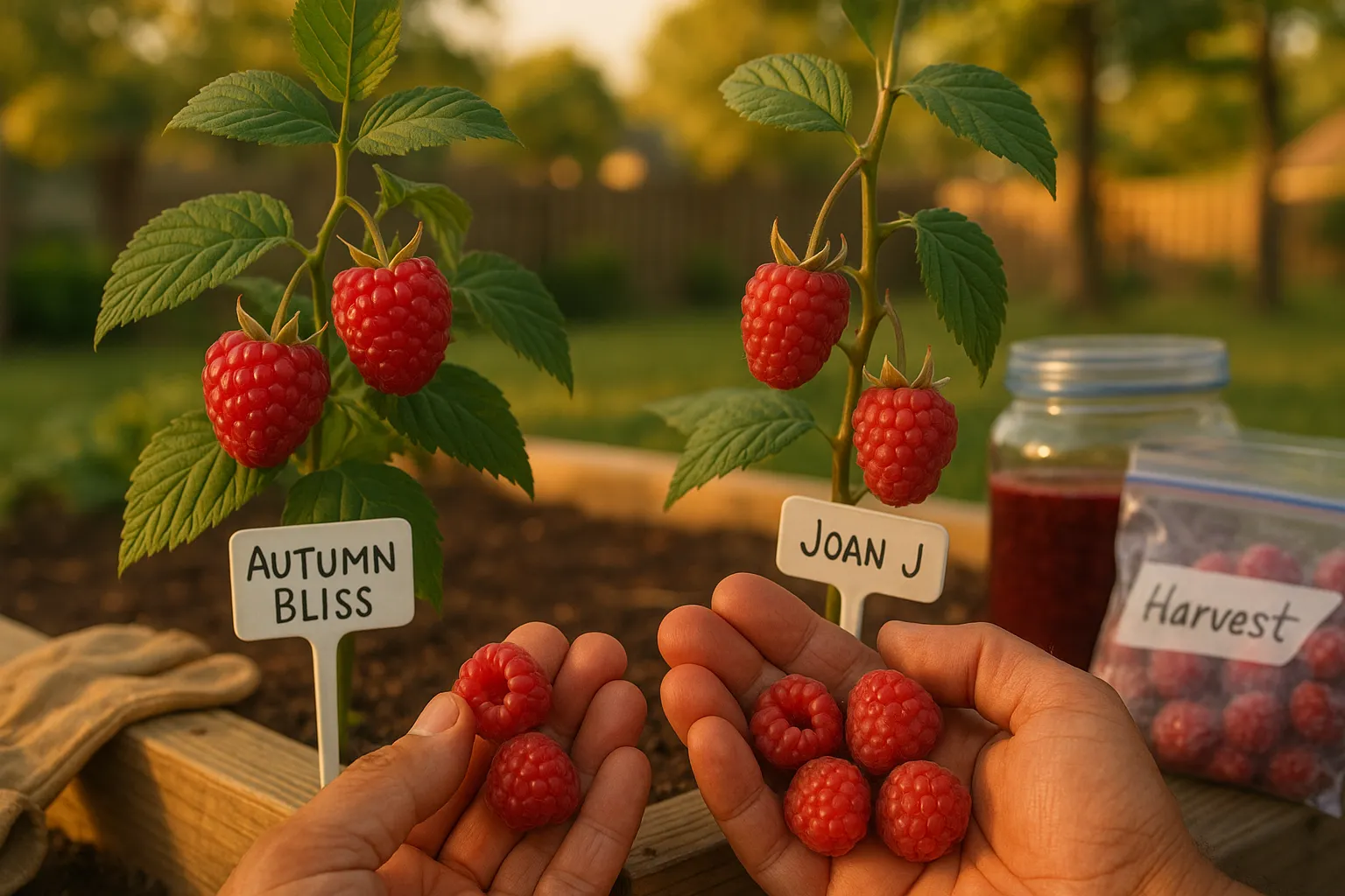 Side-by-side comparison of ripe 'Autumn Bliss' and 'Joan J' raspberries in a garden.