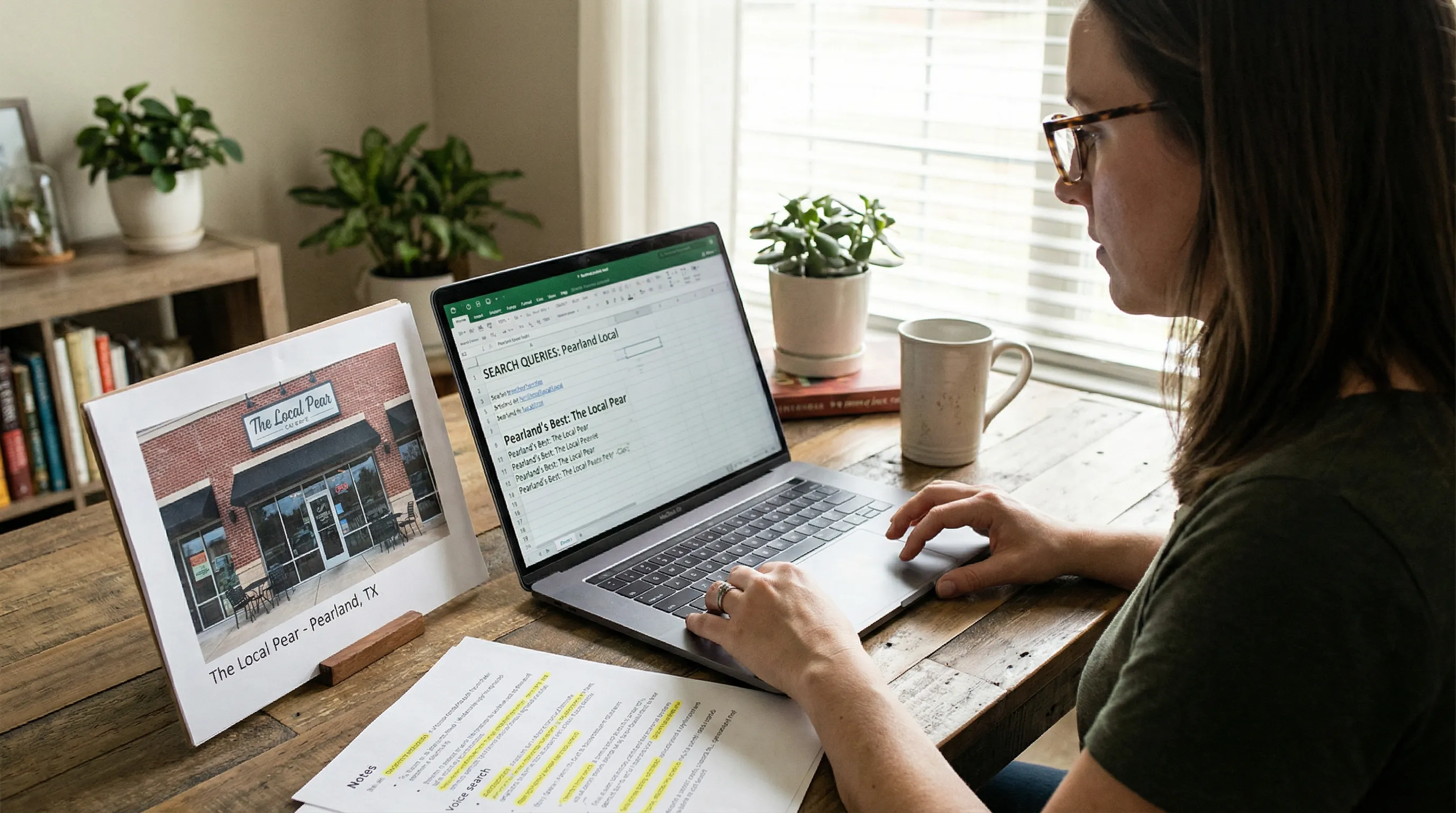Content strategist reviewing search queries and article drafts about a local Pearland business on a laptop.