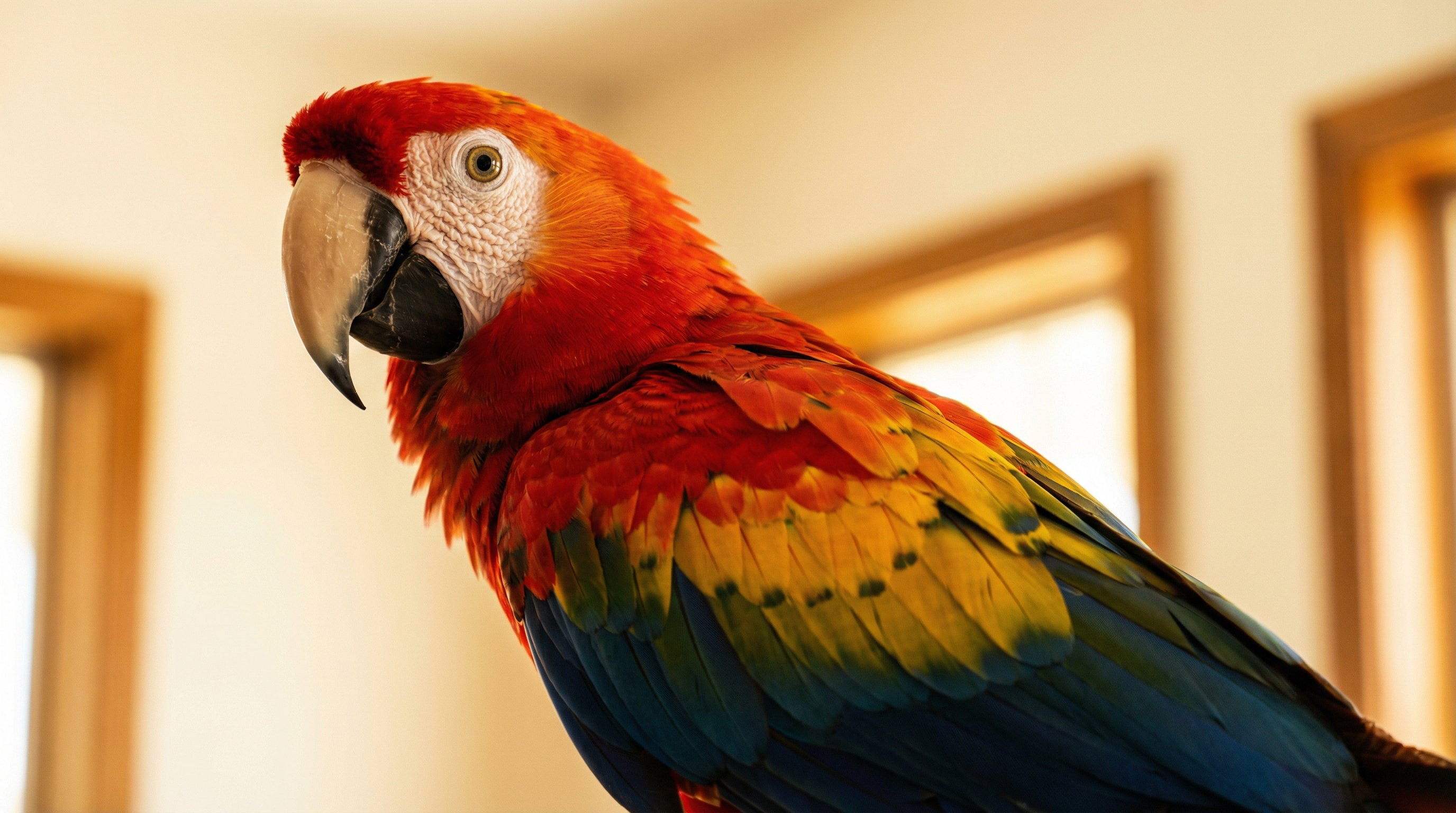 Close-up portrait of a scarlet macaw with vivid red, yellow, and blue feathers.