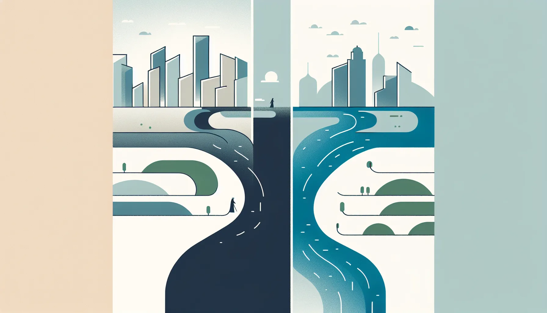 Urban buildings and flowing river representing contrast between city life and nature