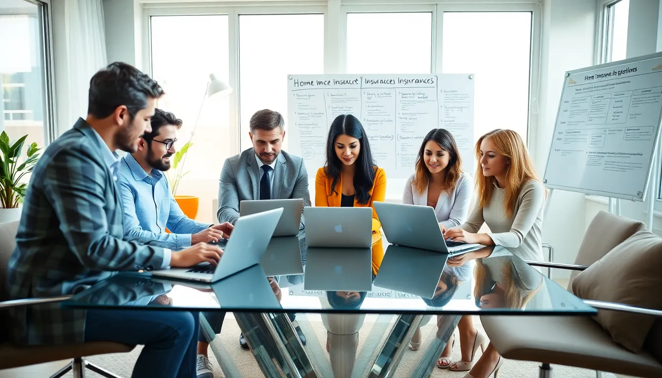 diverse team discussing home insurance options in a modern office.