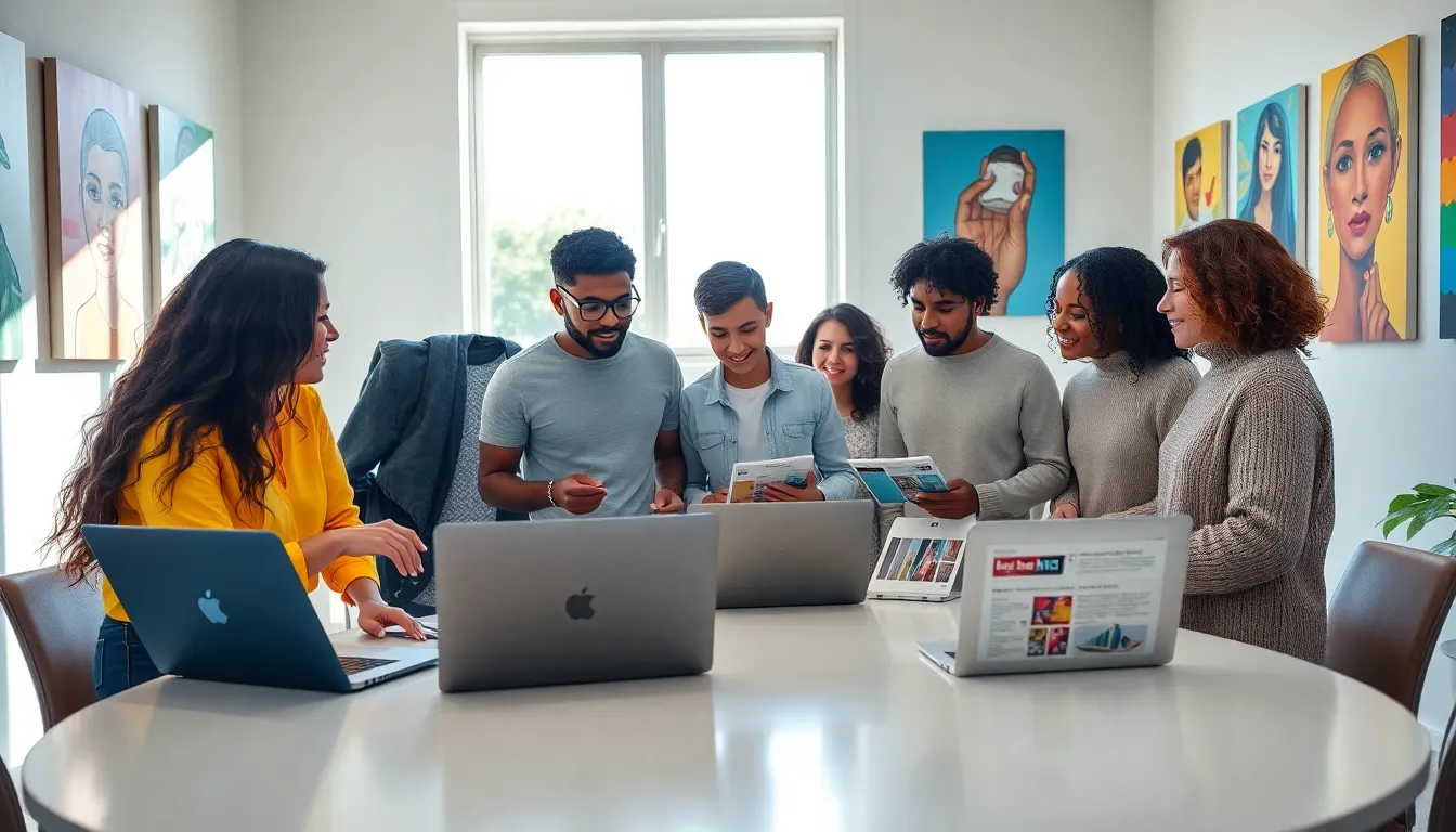a diverse group collaborating on a digital media project in a bright office.